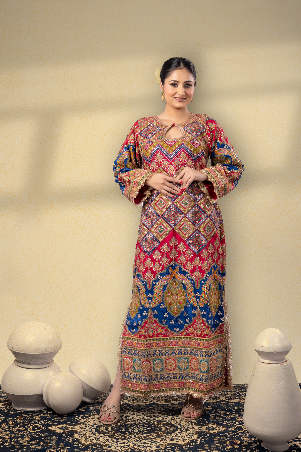 Gulabi Aura Position Printed Embroidered Kaftan