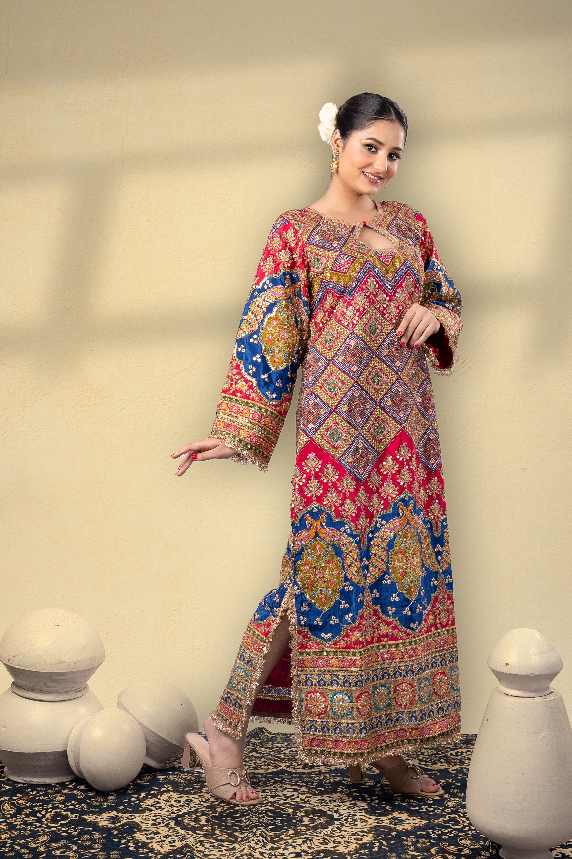 Gulabi Aura Position Printed Embroidered Kaftan