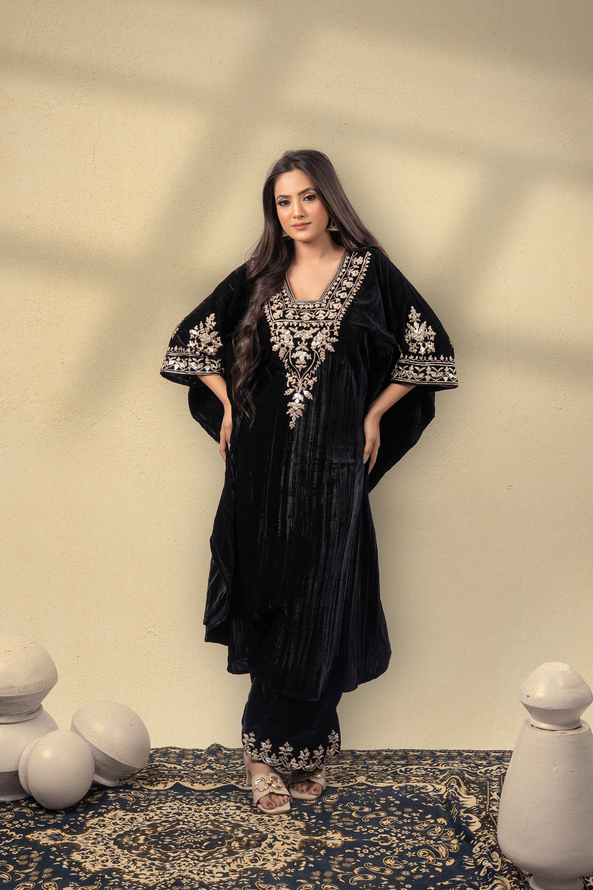 Rooh-E-Daari Silk Velvet Gota Embroidered Kaftan With Plazzo