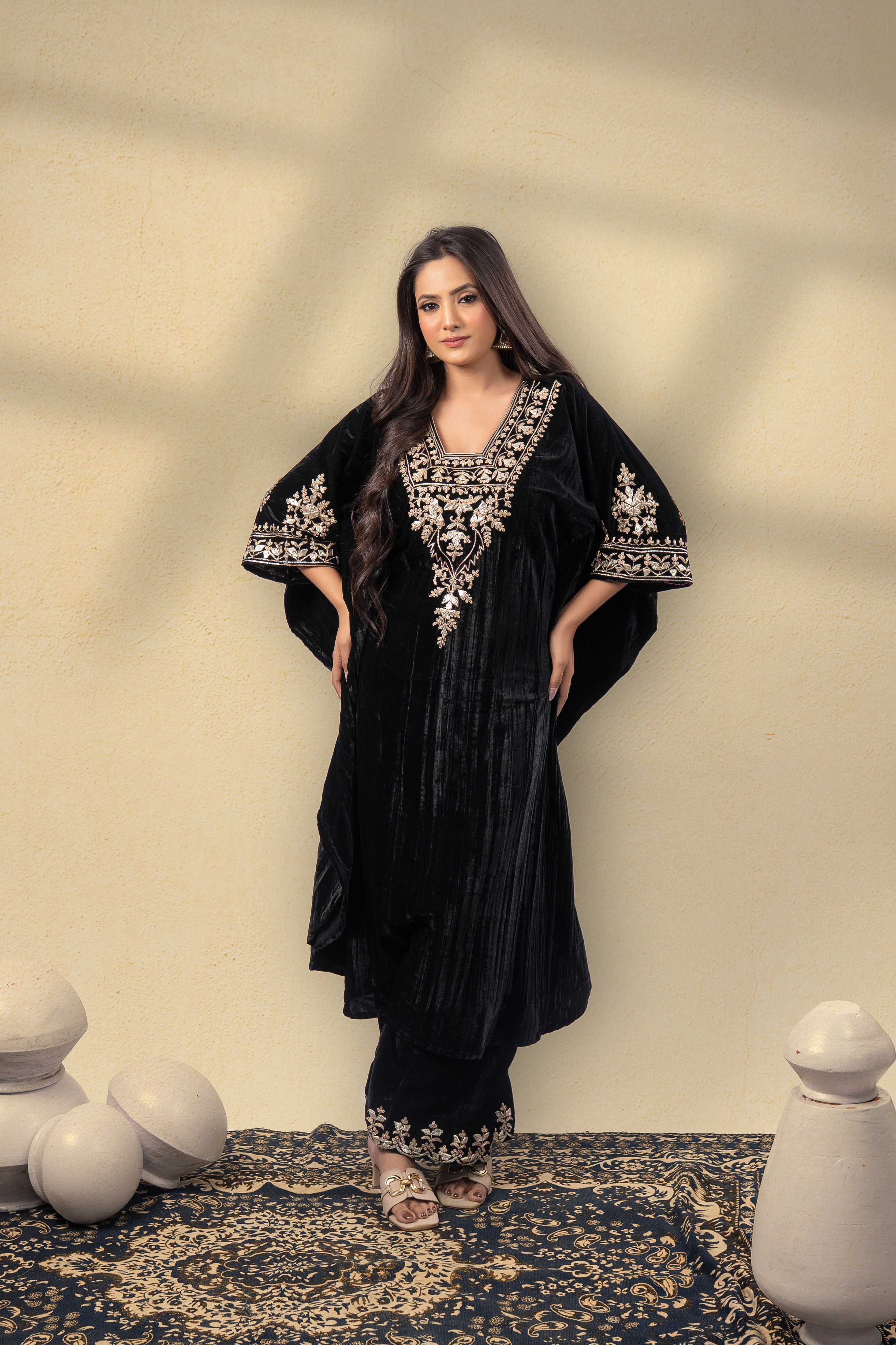 Rooh-E-Daari Silk Velvet Gota Embroidered Kaftan With Plazzo