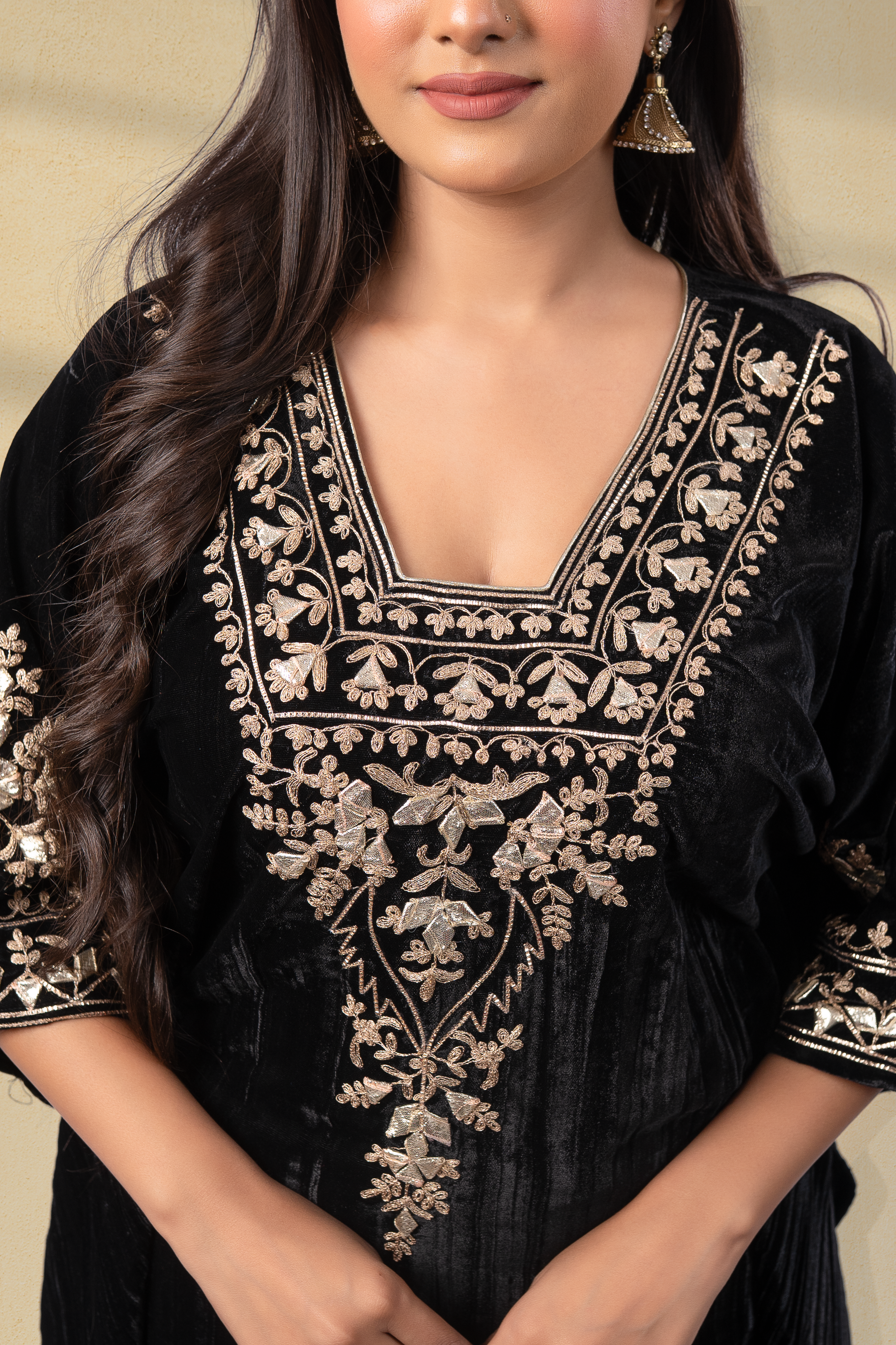 Rooh-E-Daari Silk Velvet Gota Embroidered Kaftan With Plazzo