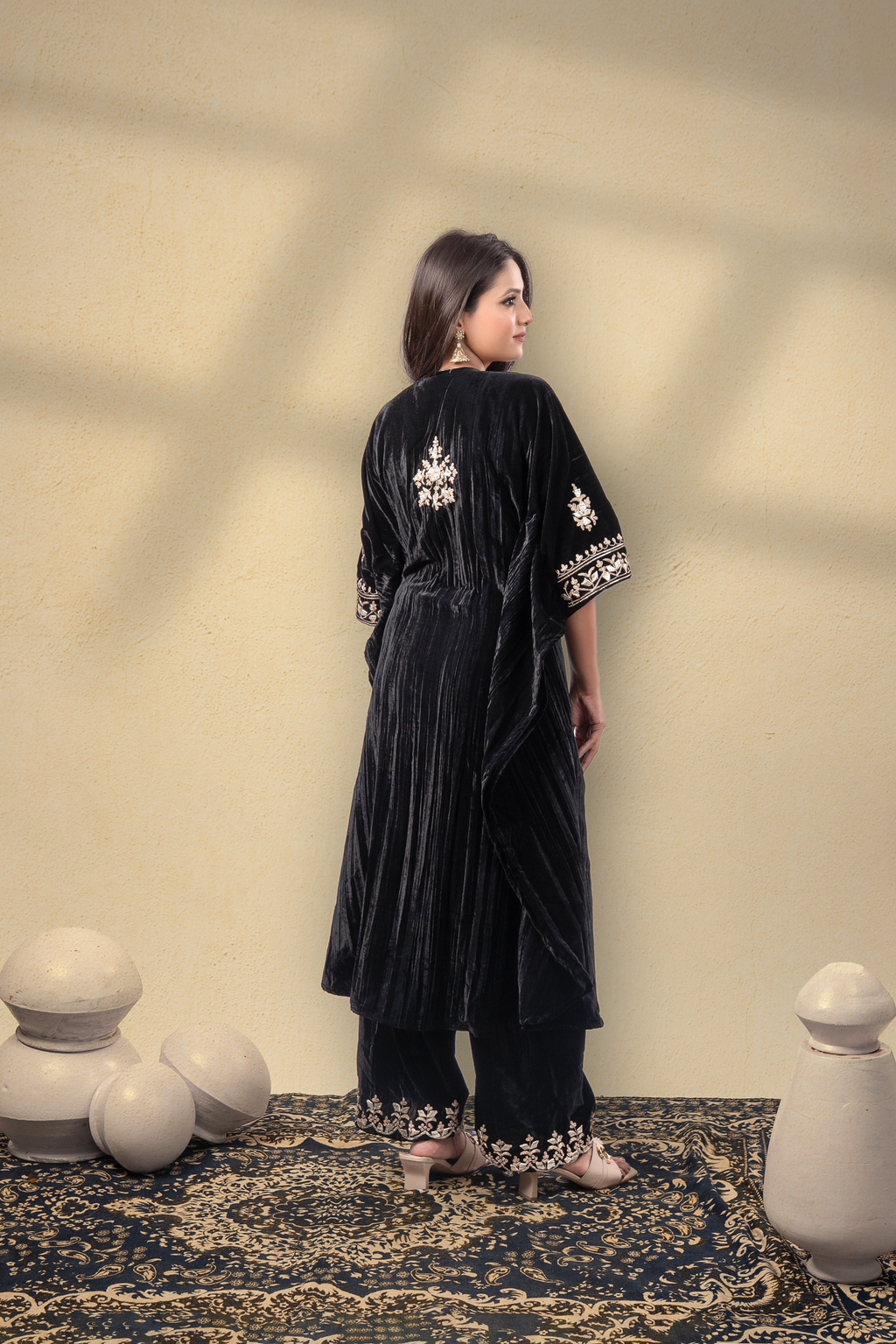 Rooh-E-Daari Silk Velvet Gota Embroidered Kaftan With Plazzo