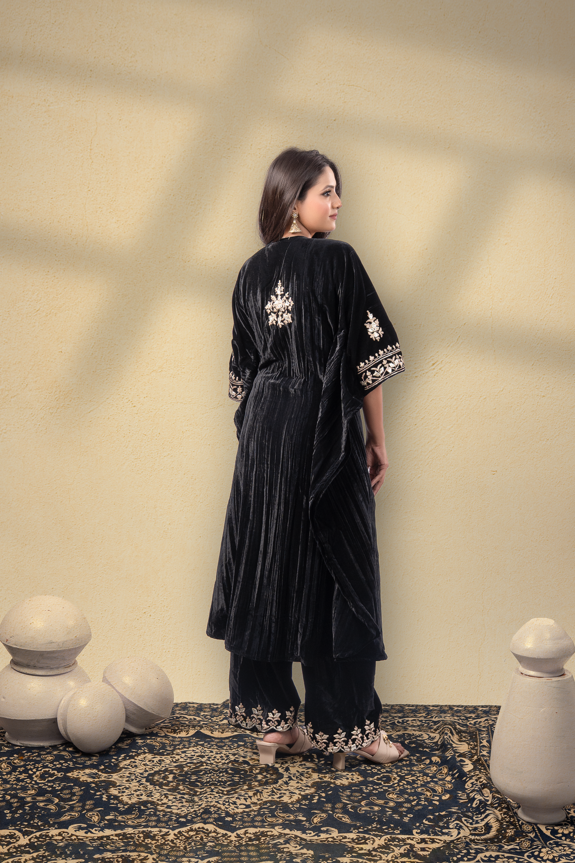 Rooh-E-Daari Silk Velvet Gota Embroidered Kaftan With Plazzo