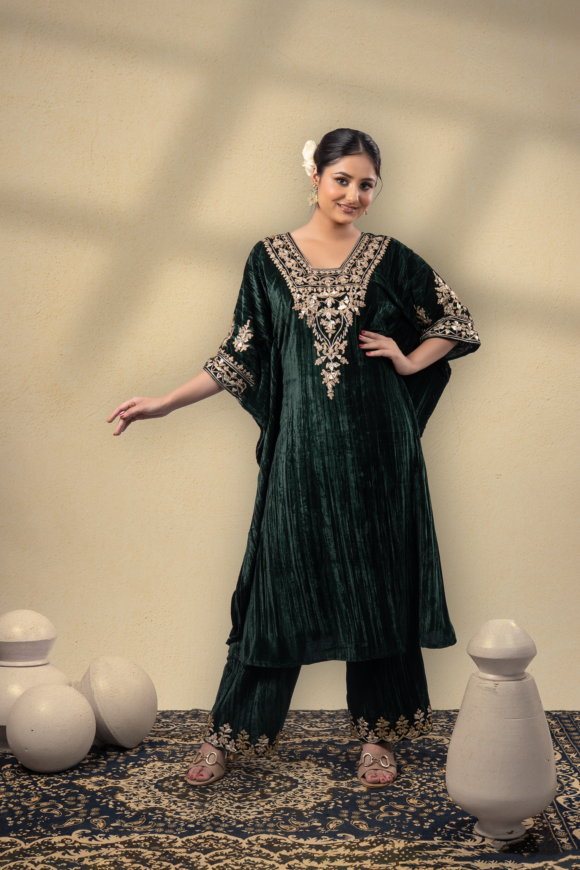 Gulnaaz Silk Velvet Gota Embroidered Kaftan With Plazzo