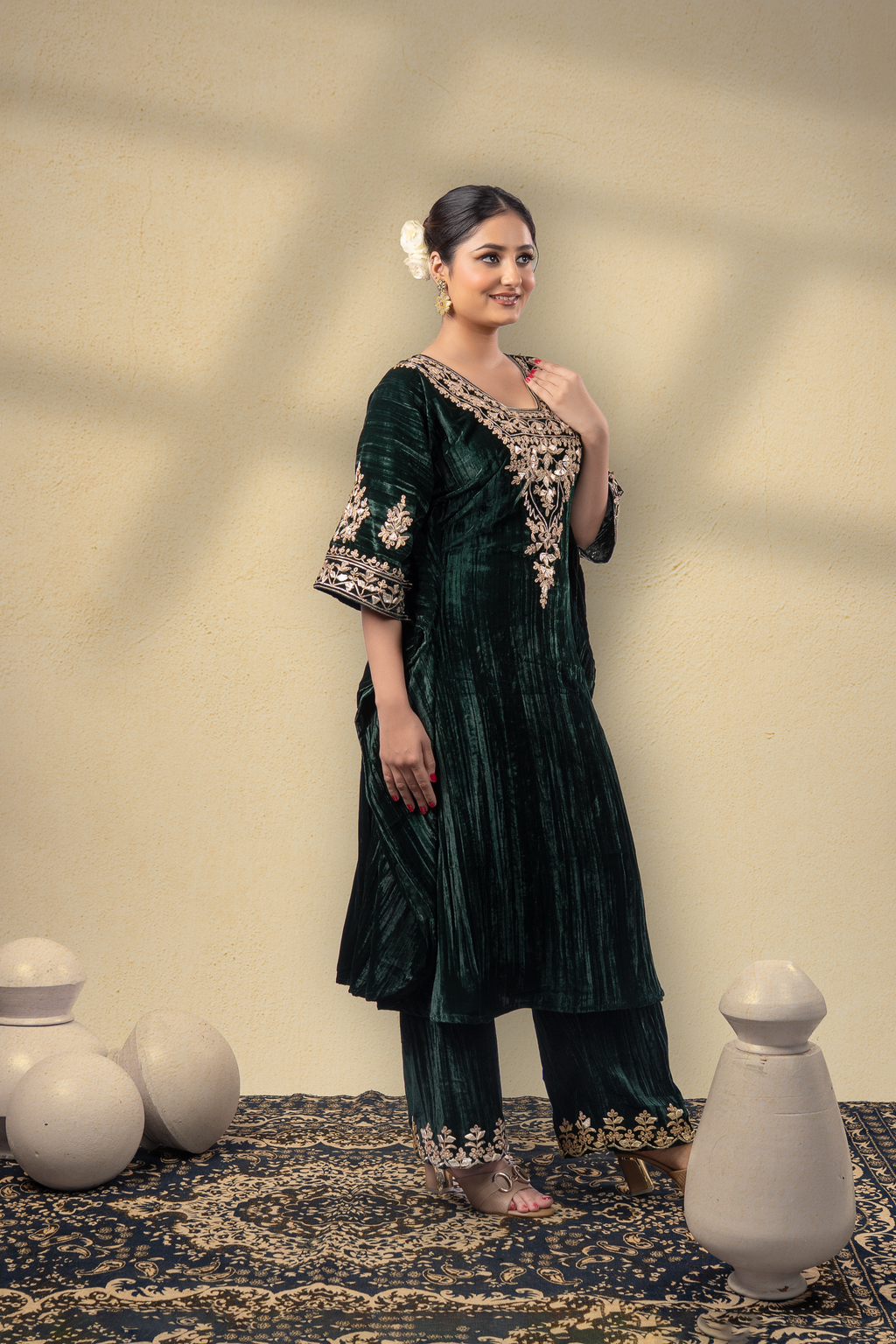 Gulnaaz Silk Velvet Gota Embroidered Kaftan With Plazzo