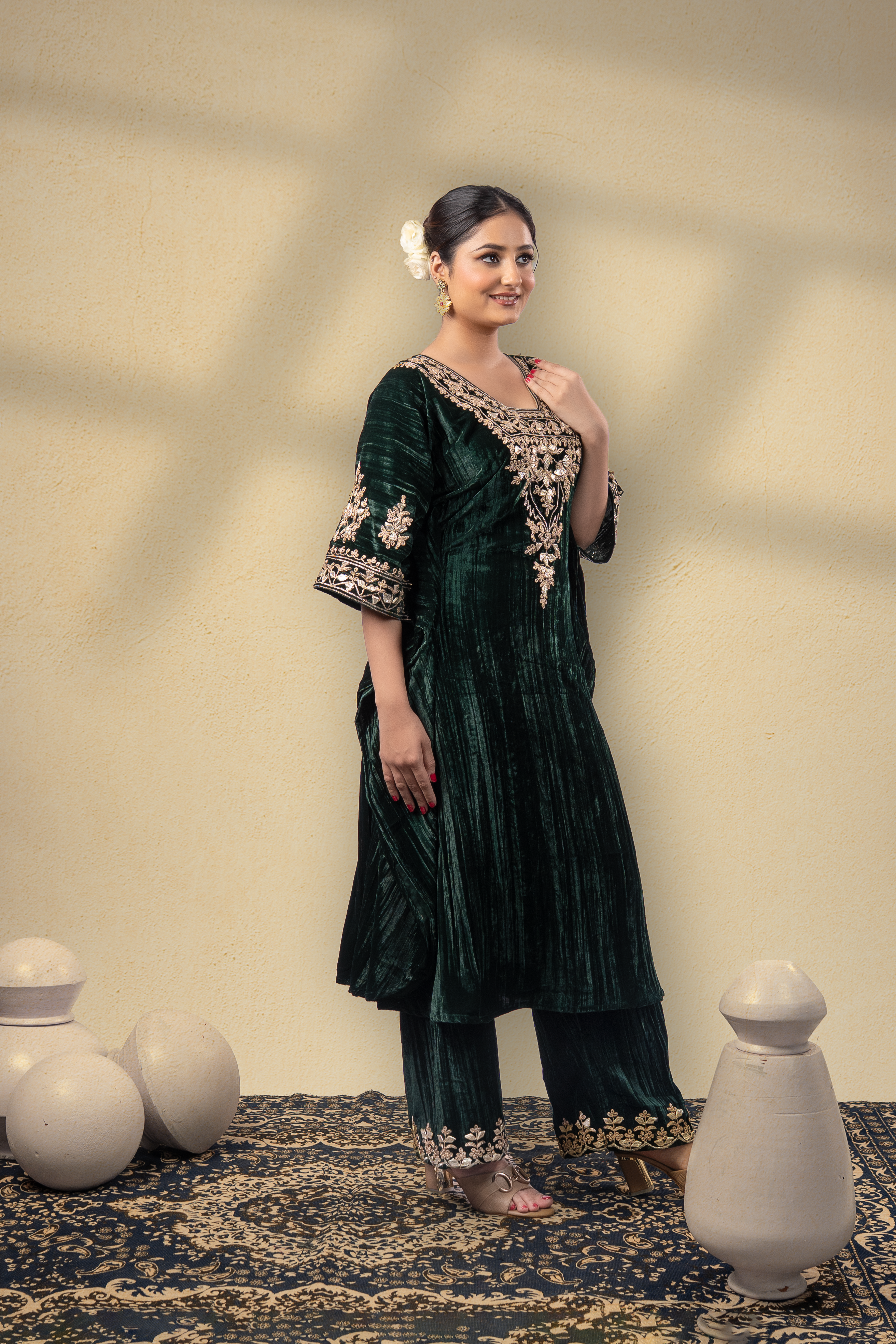 Gulnaaz Silk Velvet Gota Embroidered Kaftan With Plazzo