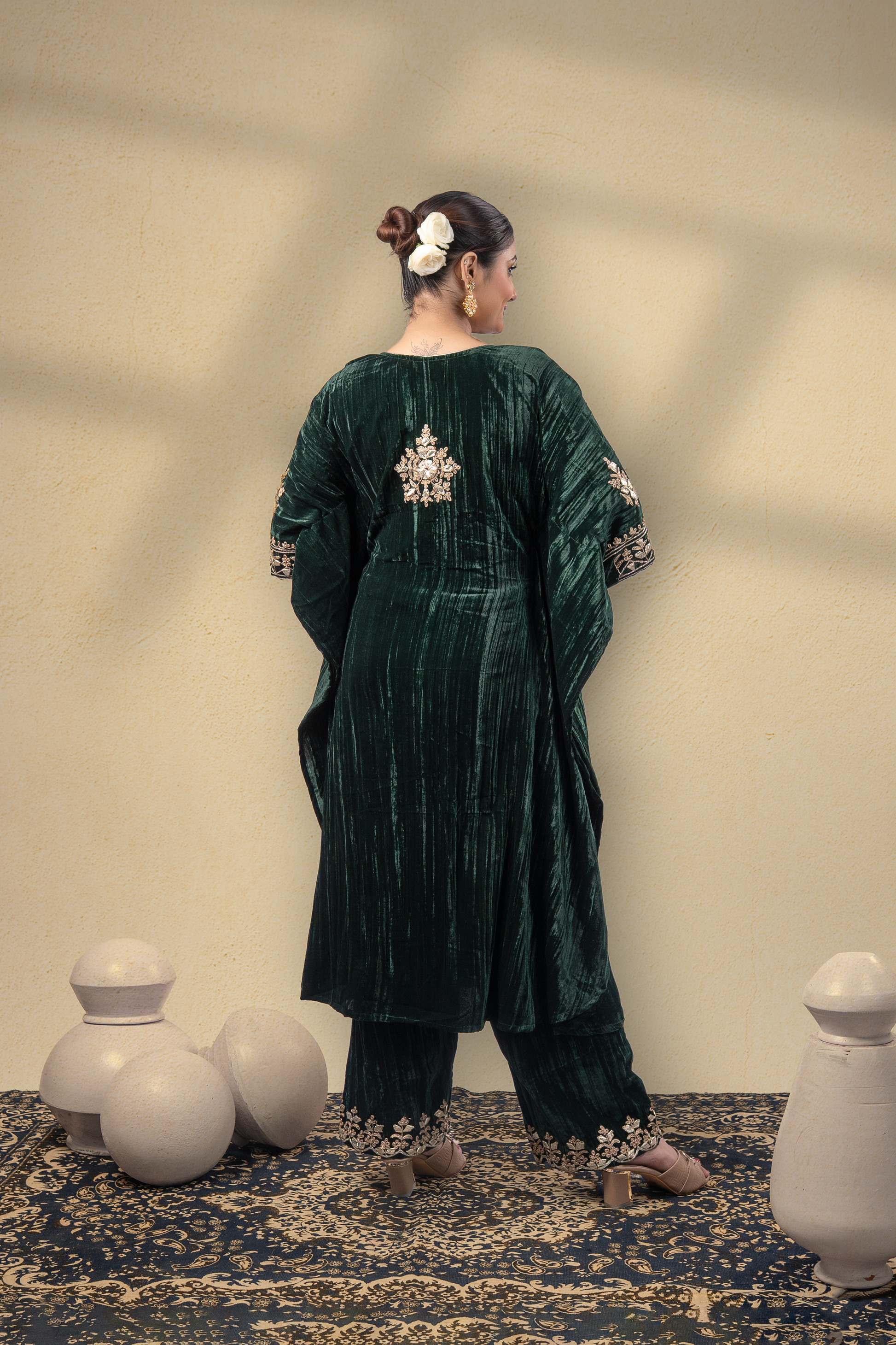 Gulnaaz Silk Velvet Gota Embroidered Kaftan With Plazzo