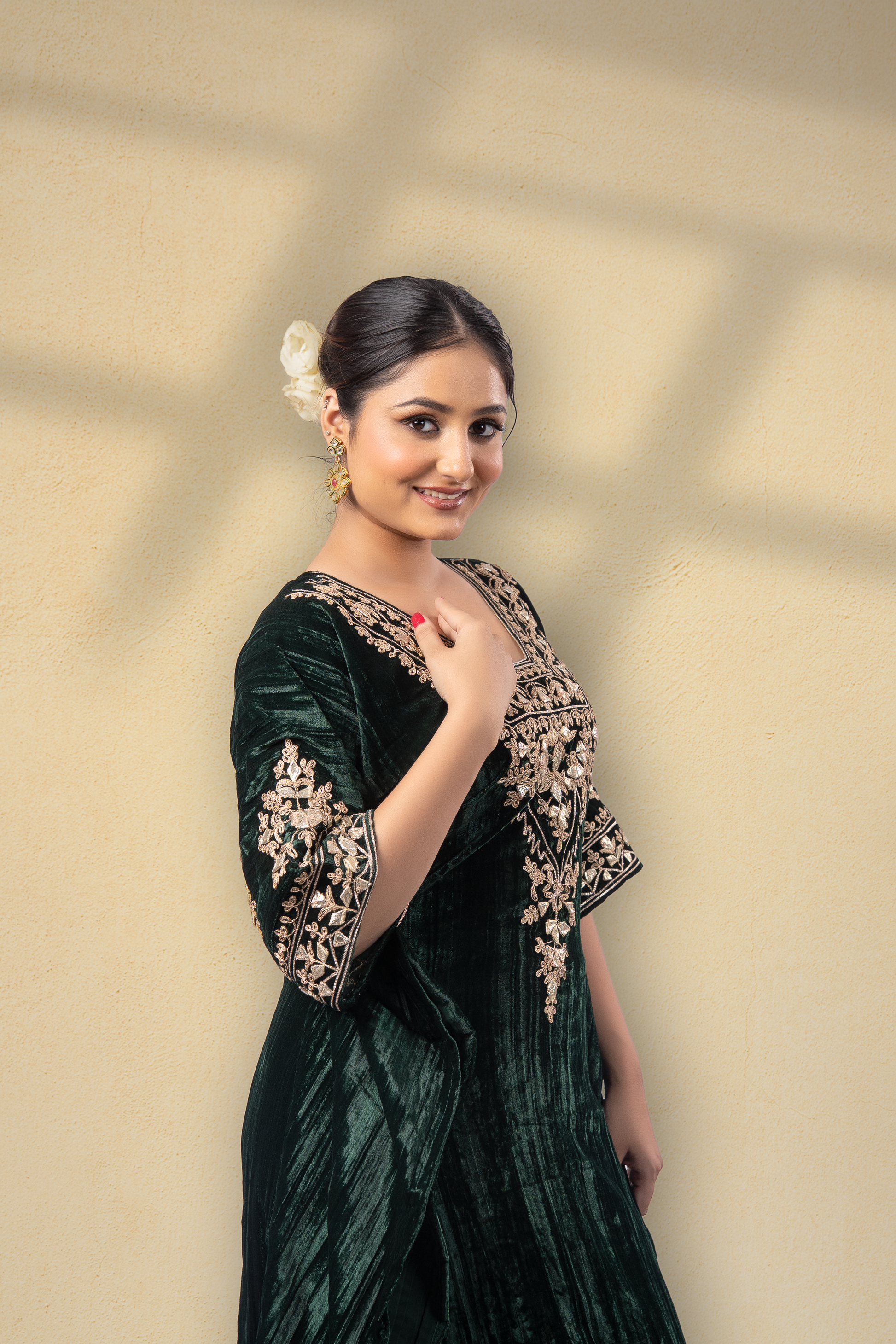 Gulnaaz Silk Velvet Gota Embroidered Kaftan With Plazzo