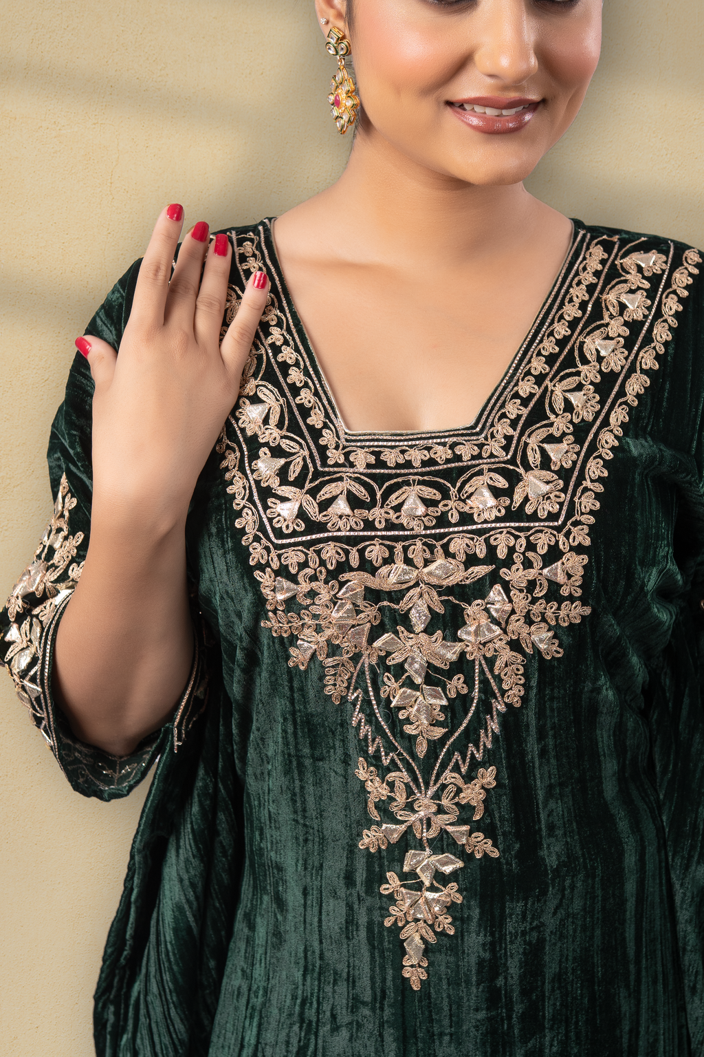 Gulnaaz Silk Velvet Gota Embroidered Kaftan With Plazzo