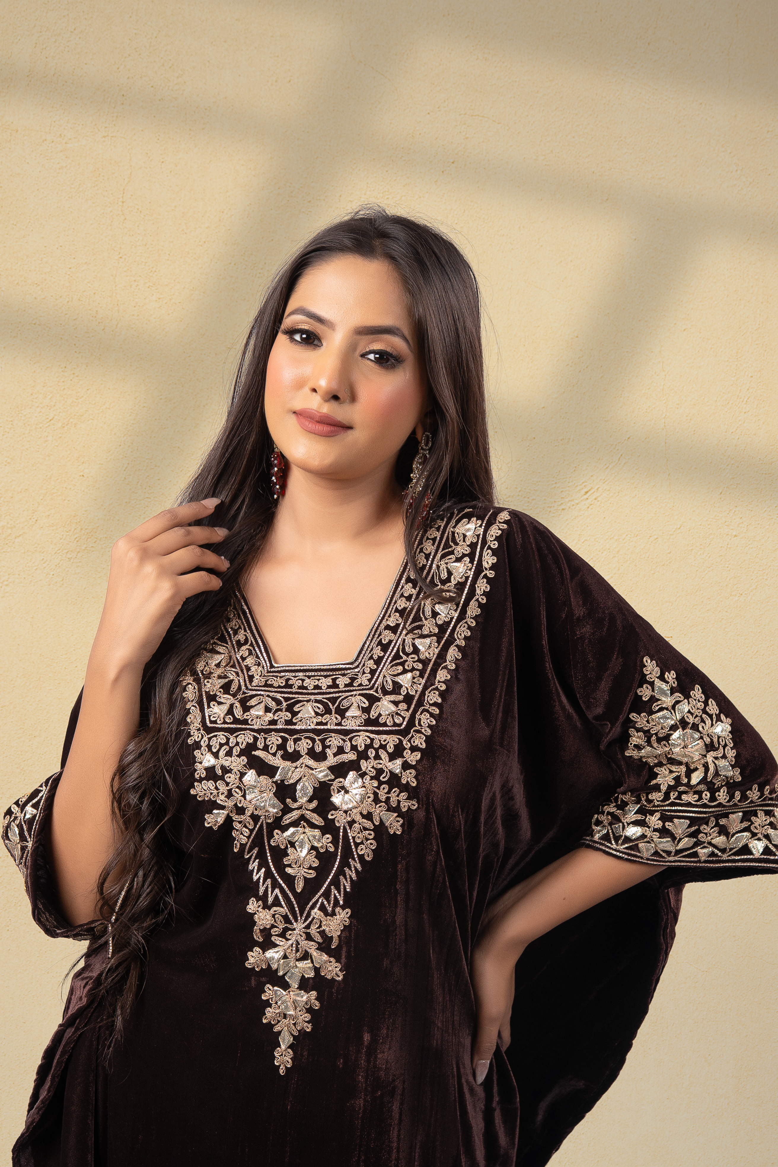 Kahwa-E-Shahi Velvet Gota Embroidered Kaftan With Plazzo
