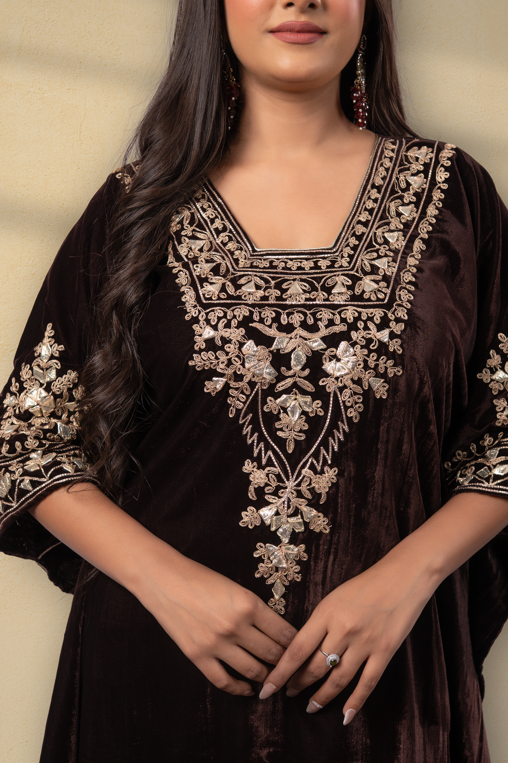 Kahwa-E-Shahi Velvet Gota Embroidered Kaftan With Plazzo
