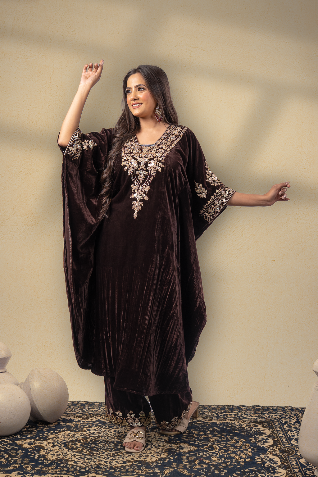 Kahwa-E-Shahi Velvet Gota Embroidered Kaftan With Plazzo