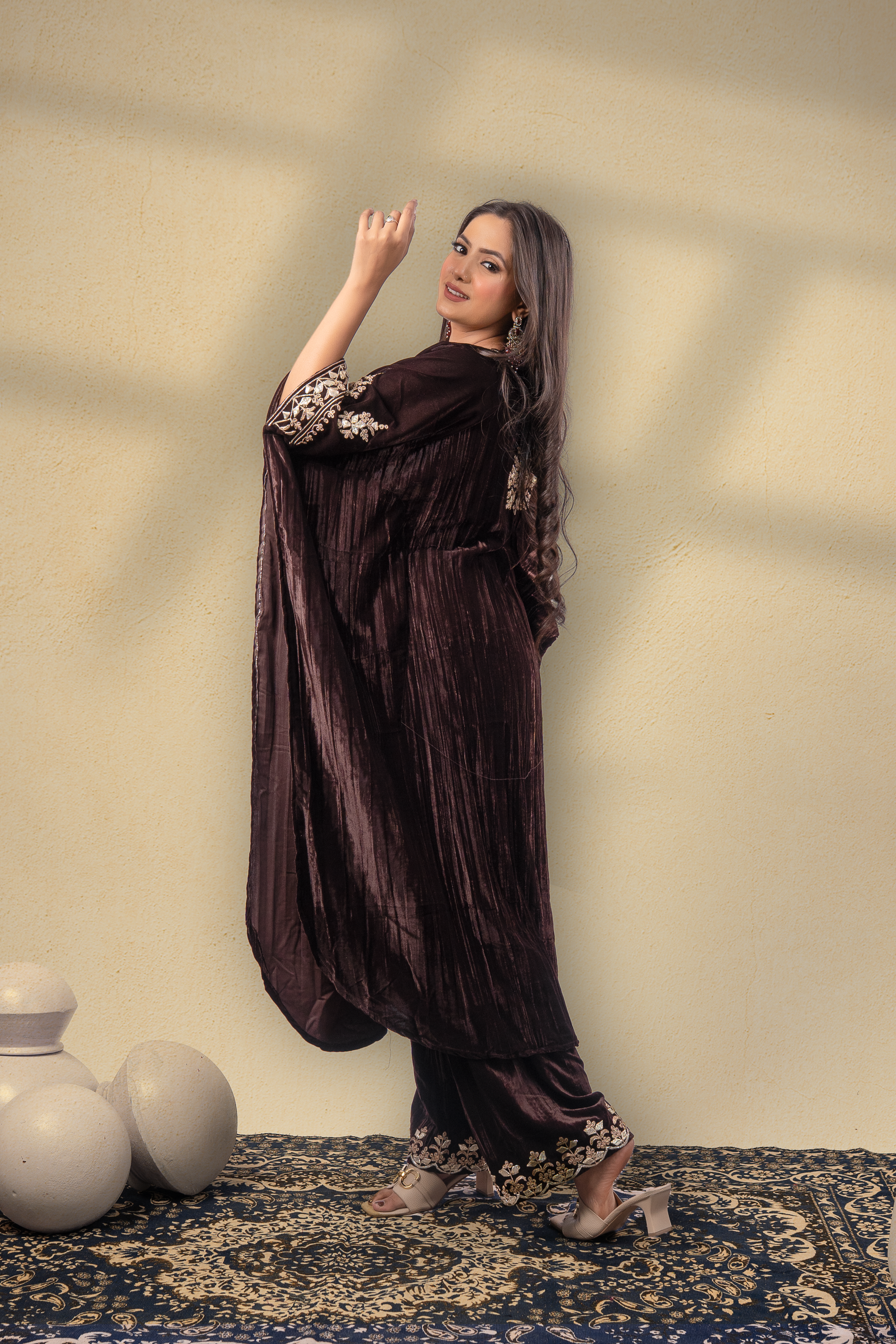 Kahwa-E-Shahi Velvet Gota Embroidered Kaftan With Plazzo