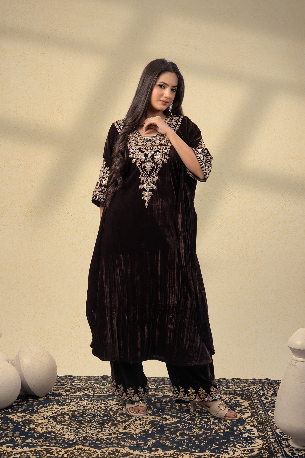 Kahwa-E-Shahi Velvet Gota Embroidered Kaftan With Plazzo