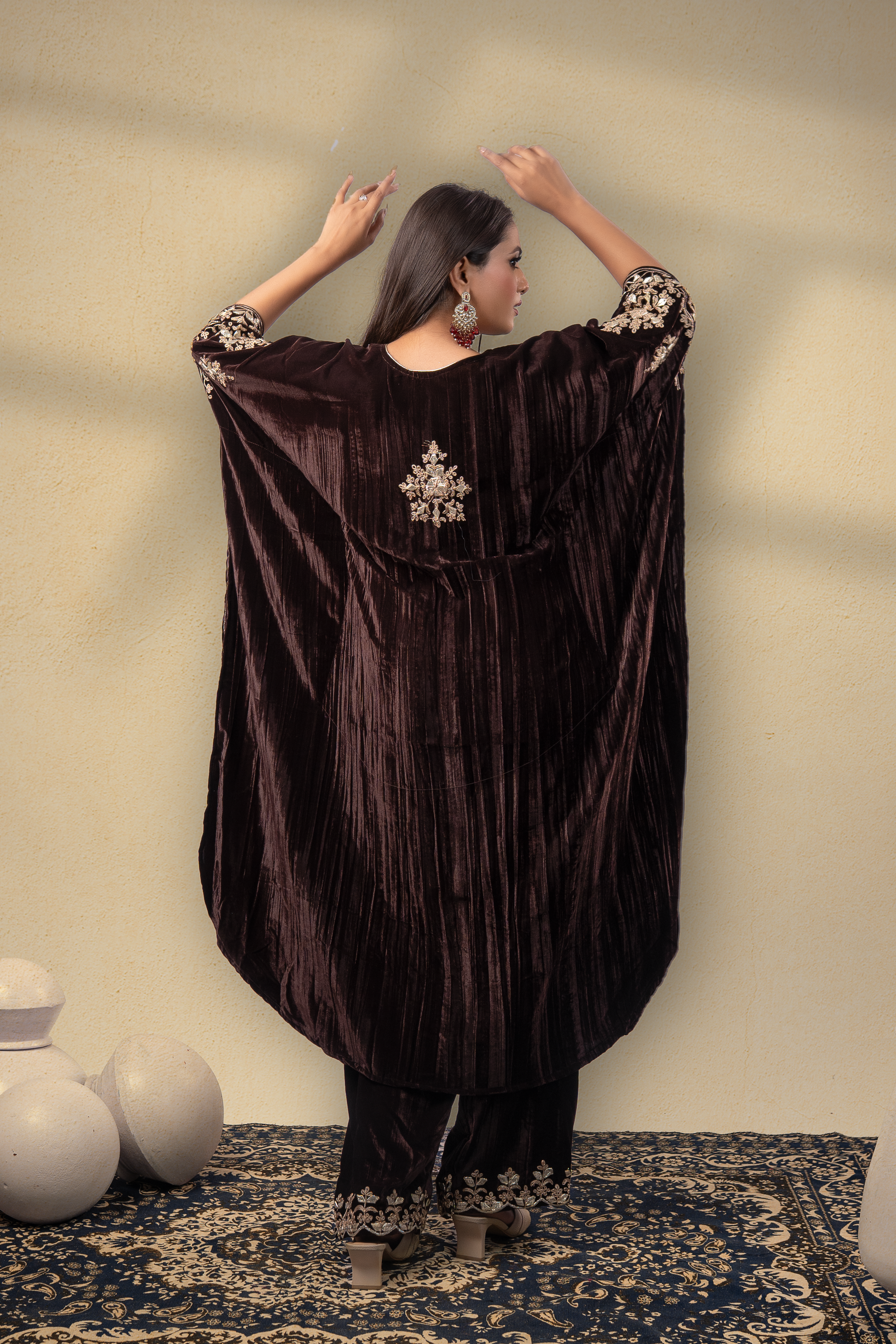 Kahwa-E-Shahi Velvet Gota Embroidered Kaftan With Plazzo