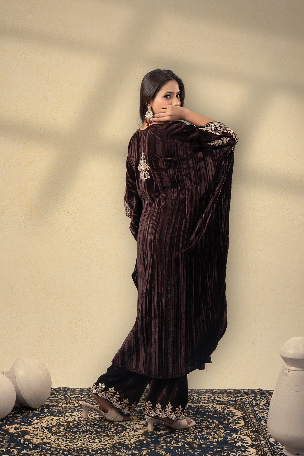 Kahwa-E-Shahi Velvet Gota Embroidered Kaftan With Plazzo