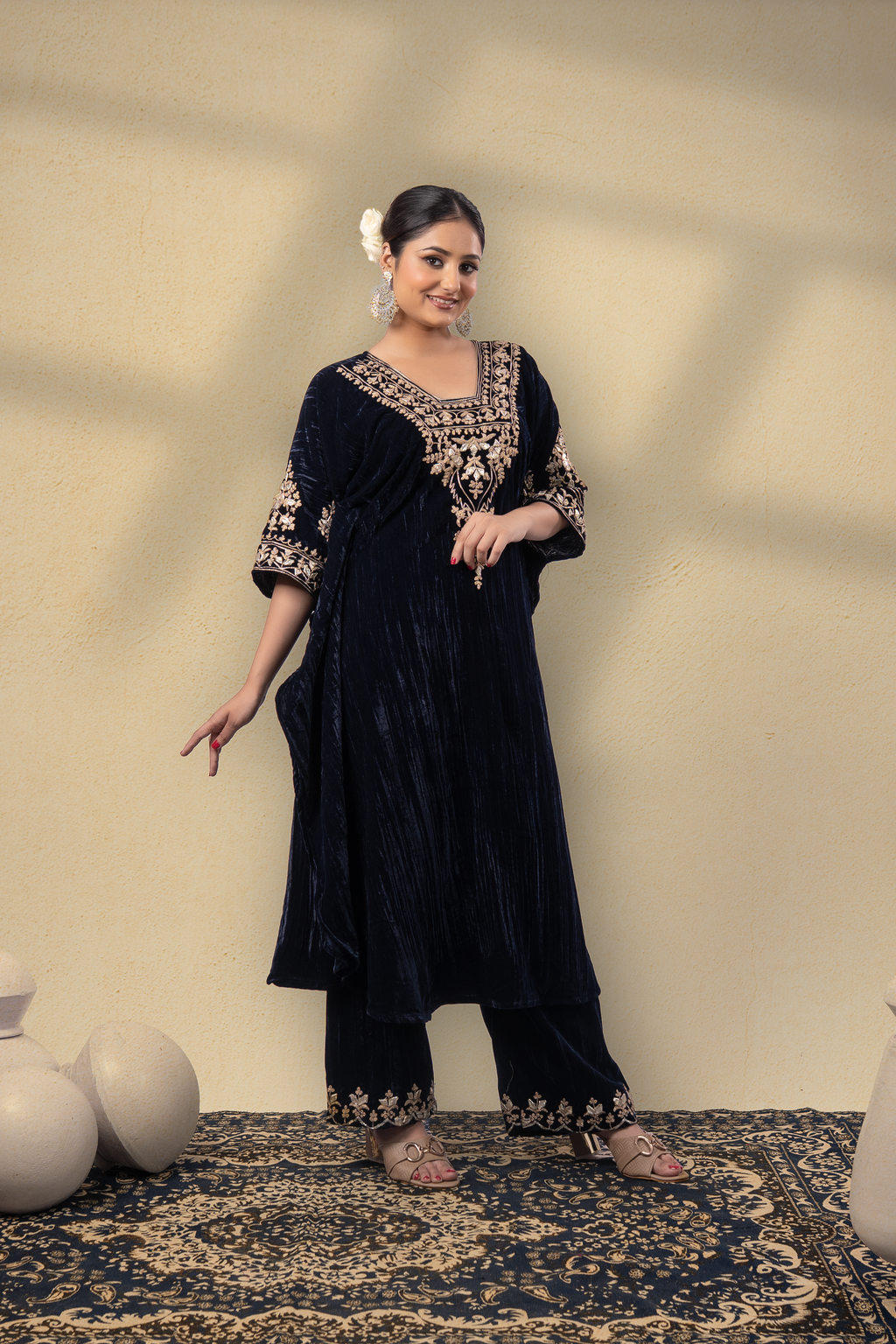 Zooni Silk Velvet Gota Embroidered Kaftan With Plazzo