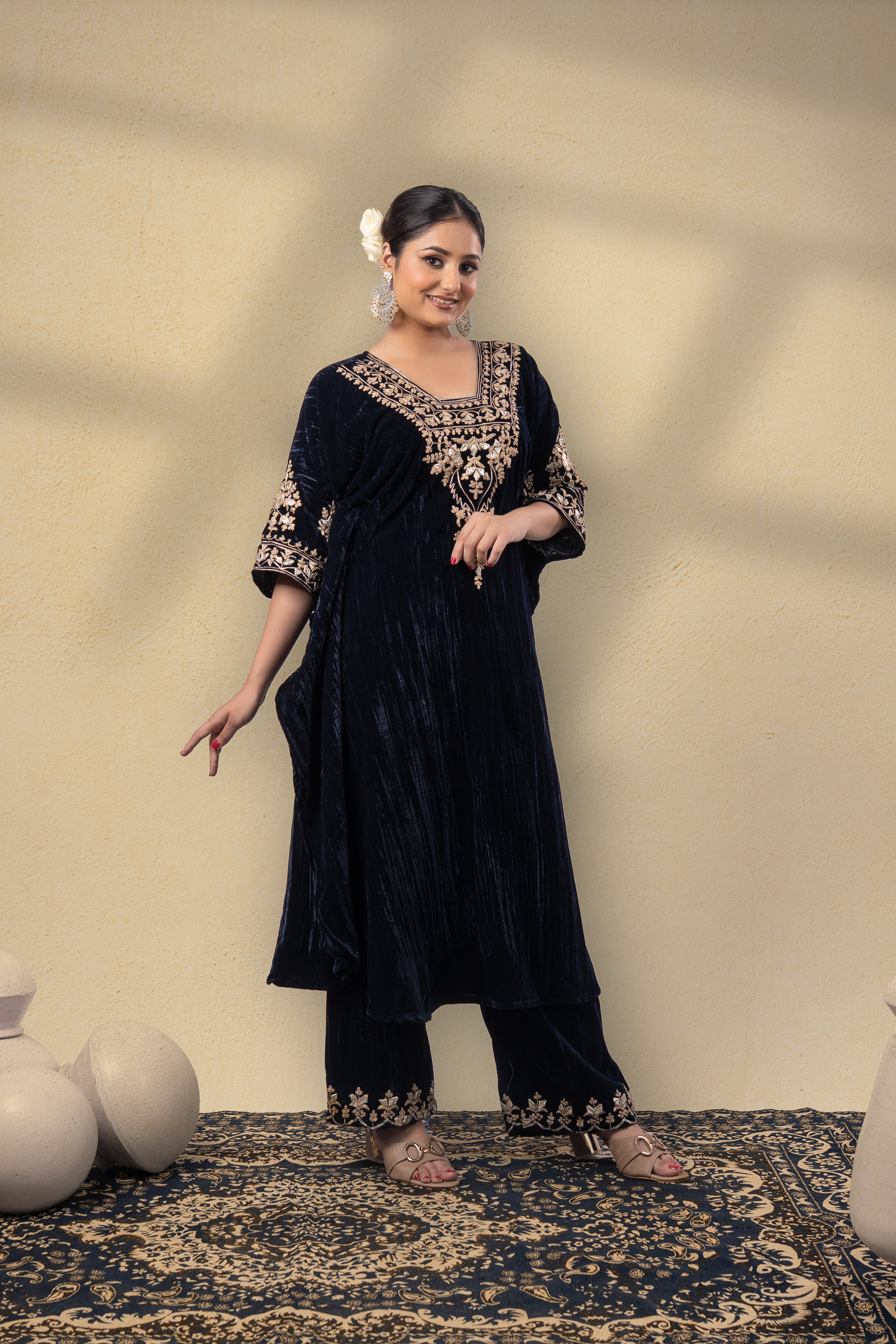 Zooni Silk Velvet Gota Embroidered Kaftan With Plazzo