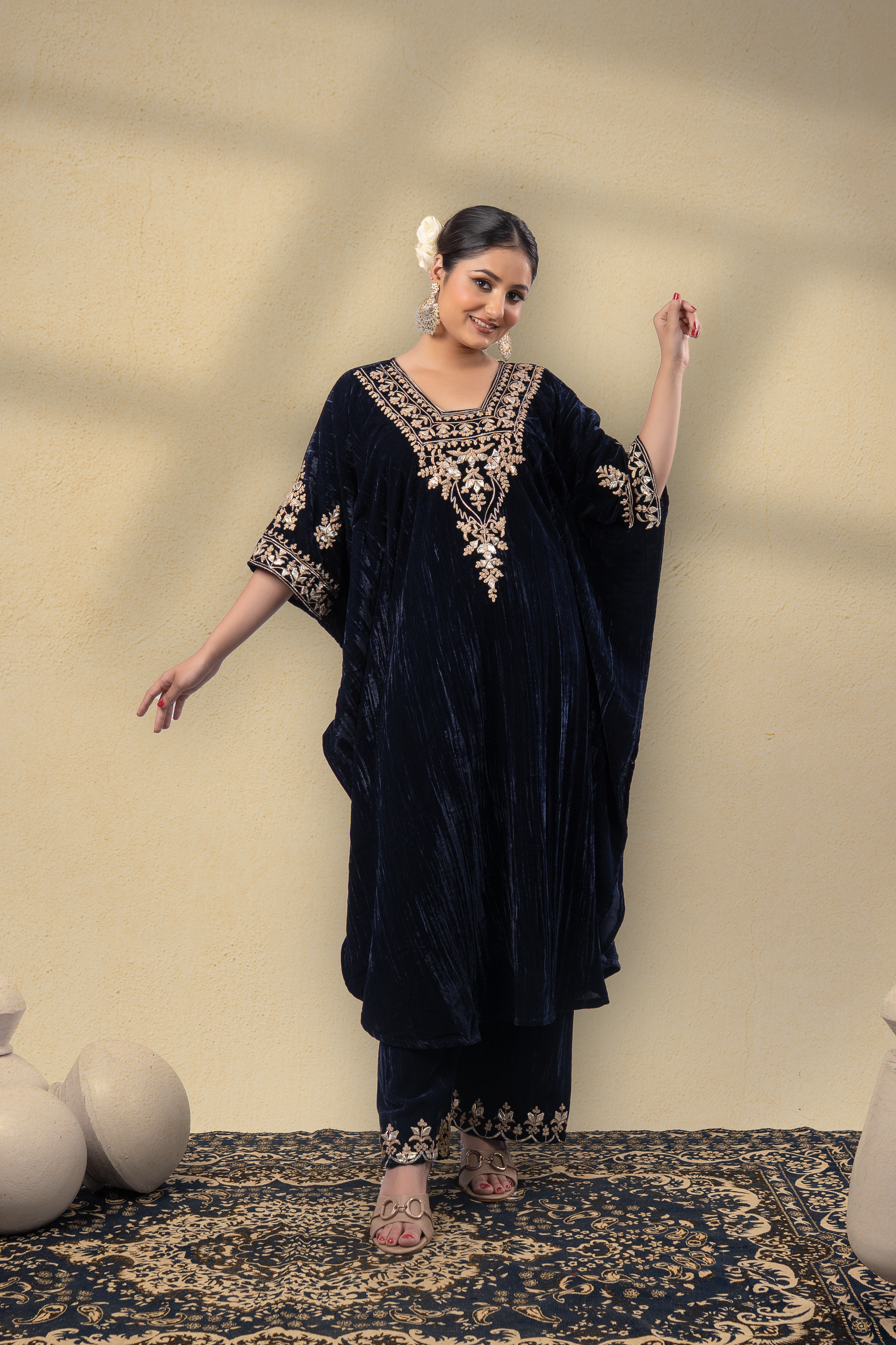 Zooni Silk Velvet Gota Embroidered Kaftan With Plazzo