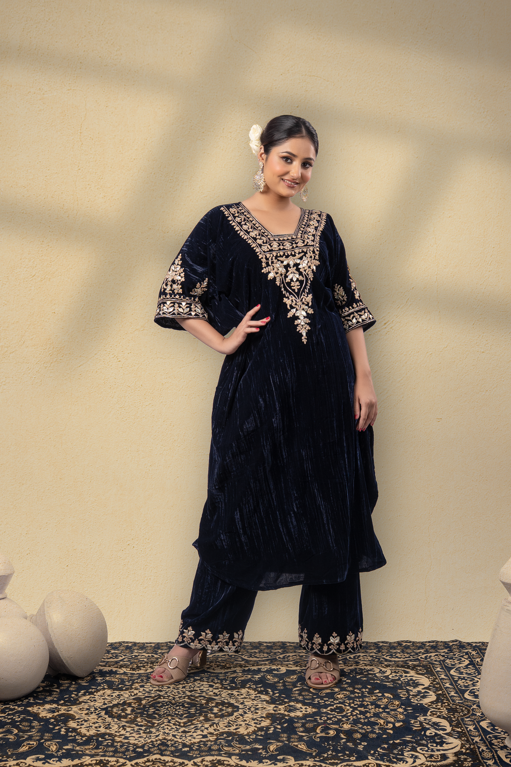 Zooni Silk Velvet Gota Embroidered Kaftan With Plazzo