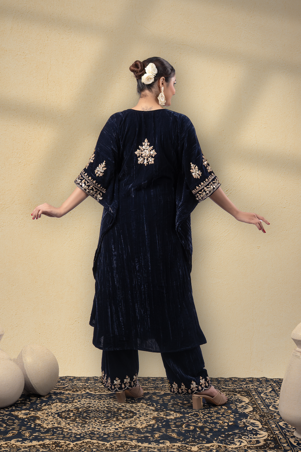 Zooni Silk Velvet Gota Embroidered Kaftan With Plazzo