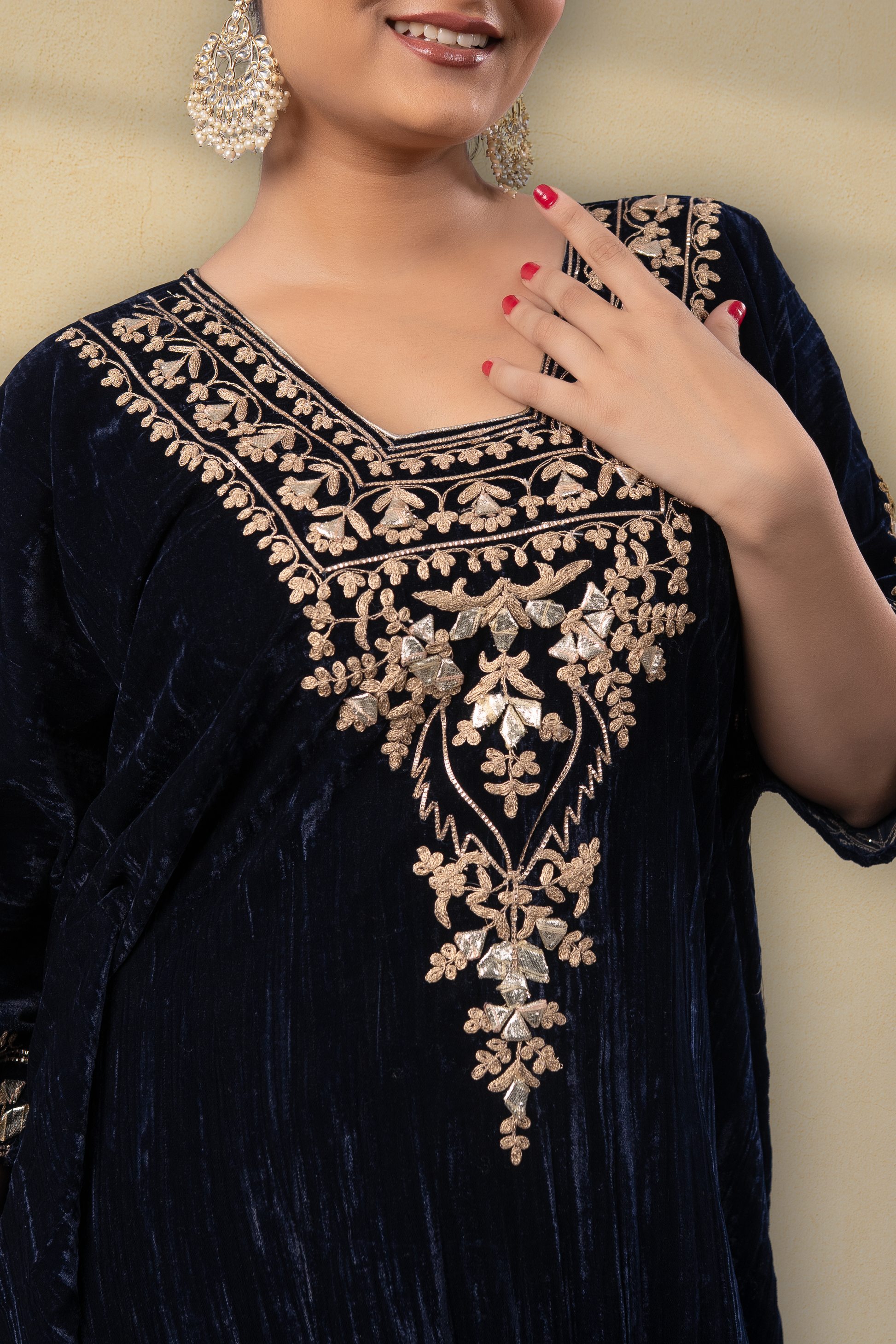 Zooni Silk Velvet Gota Embroidered Kaftan With Plazzo