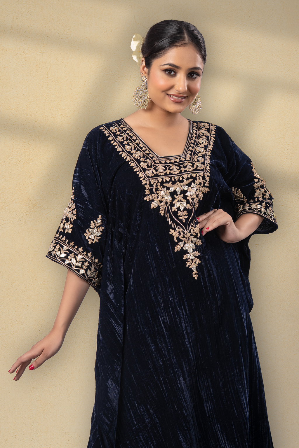 Zooni Silk Velvet Gota Embroidered Kaftan With Plazzo