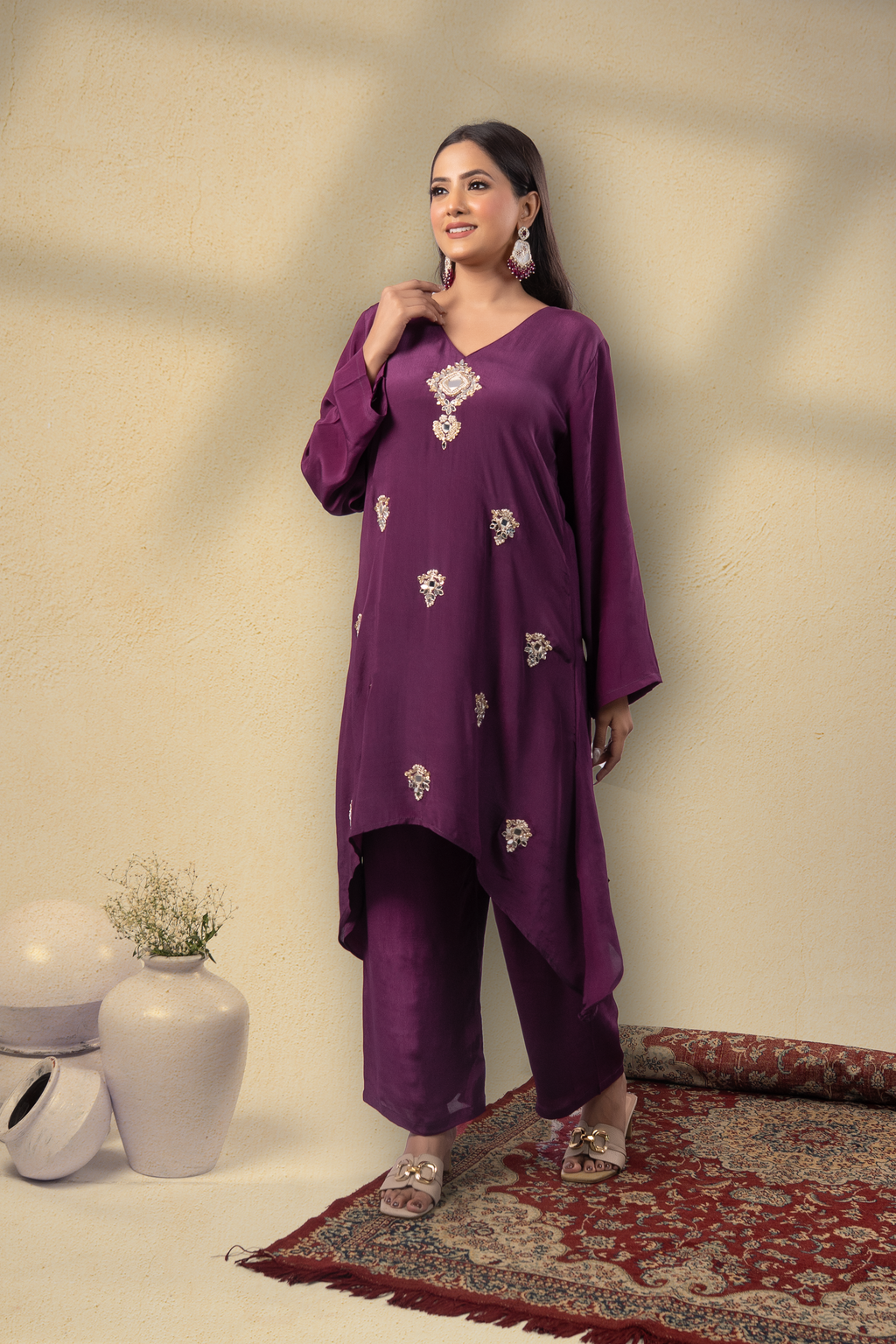 Zyra Plum Embroidered Kaftan Set