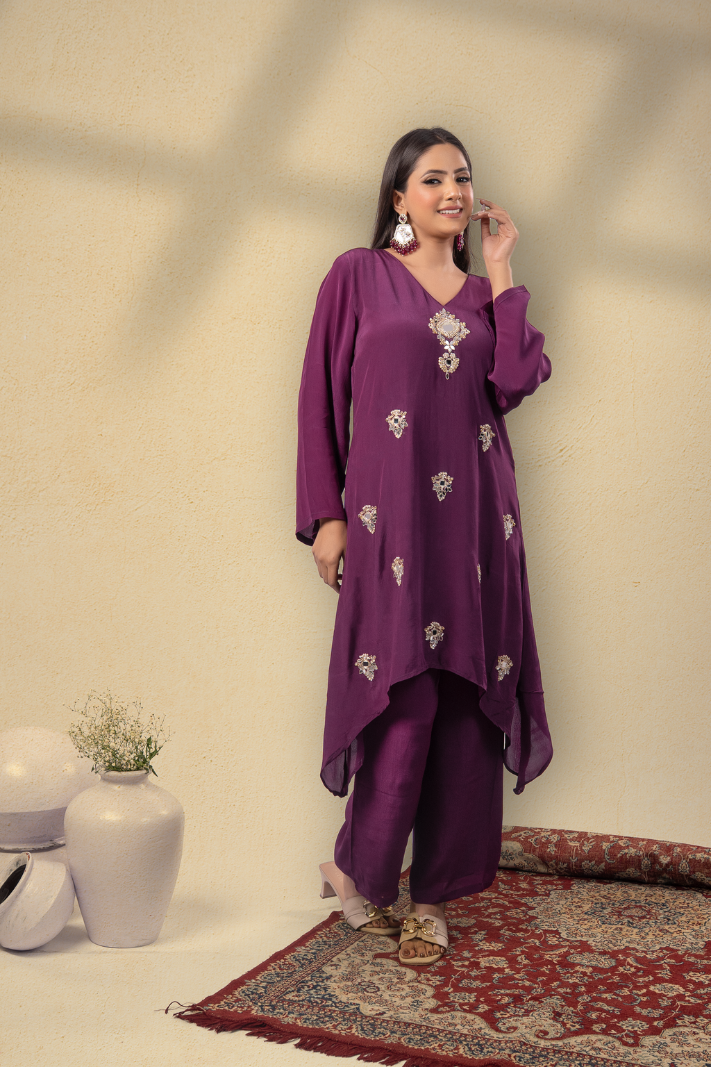 Zyra Plum Embroidered Kaftan Set