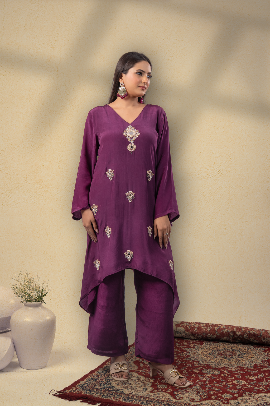 Zyra Plum Embroidered Kaftan Set