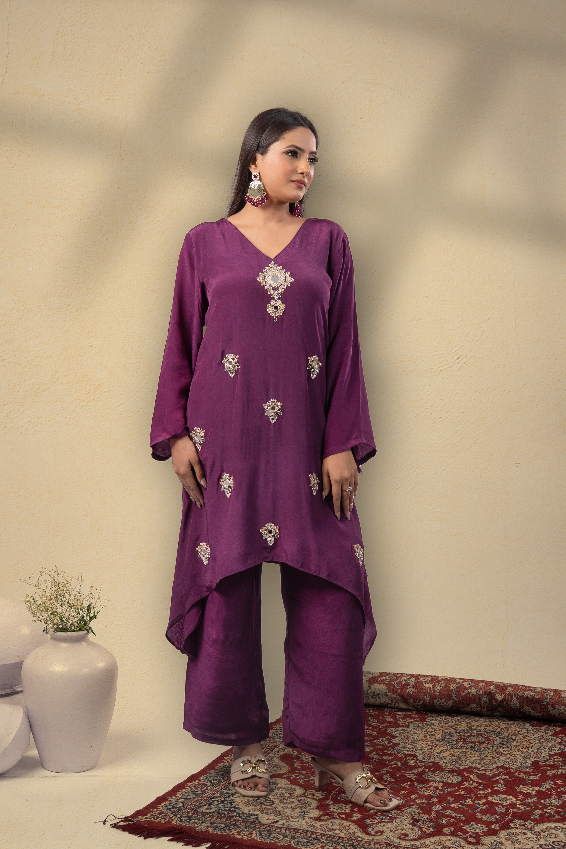 Zyra Plum Embroidered Kaftan Set