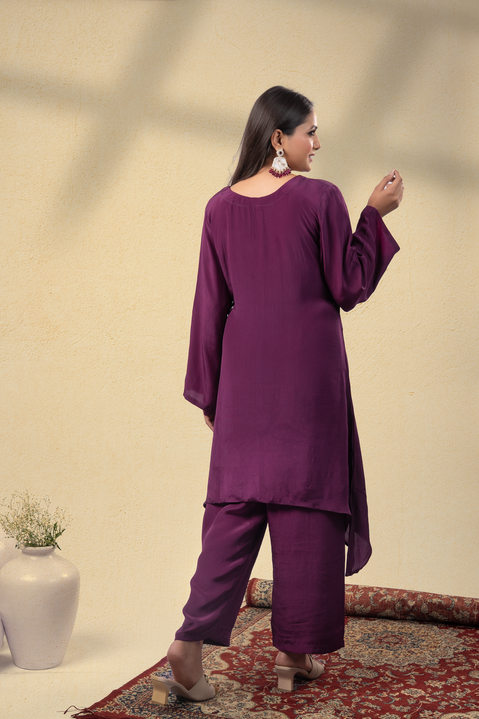 Zyra Plum Embroidered Kaftan Set