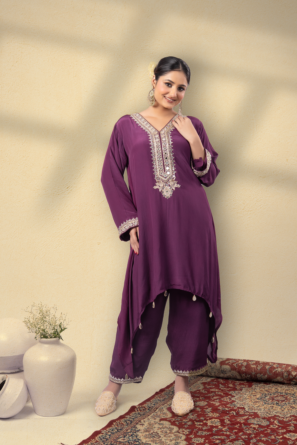 Majestique Plum Embroidered Kaftan Set
