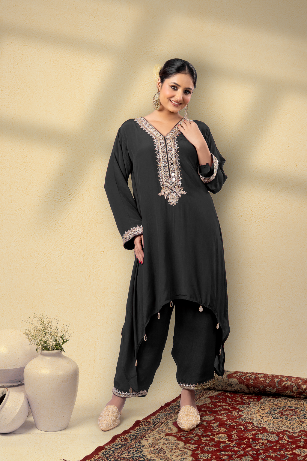 Midnight Black Opulent Embroidered Kaftan Set