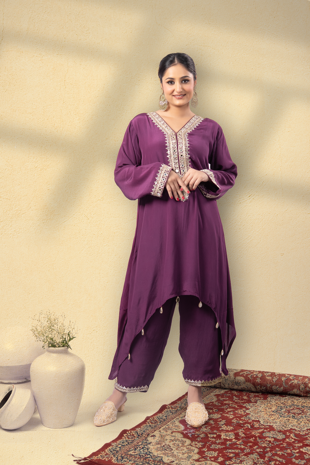 Majestique Plum Embroidered Kaftan Set