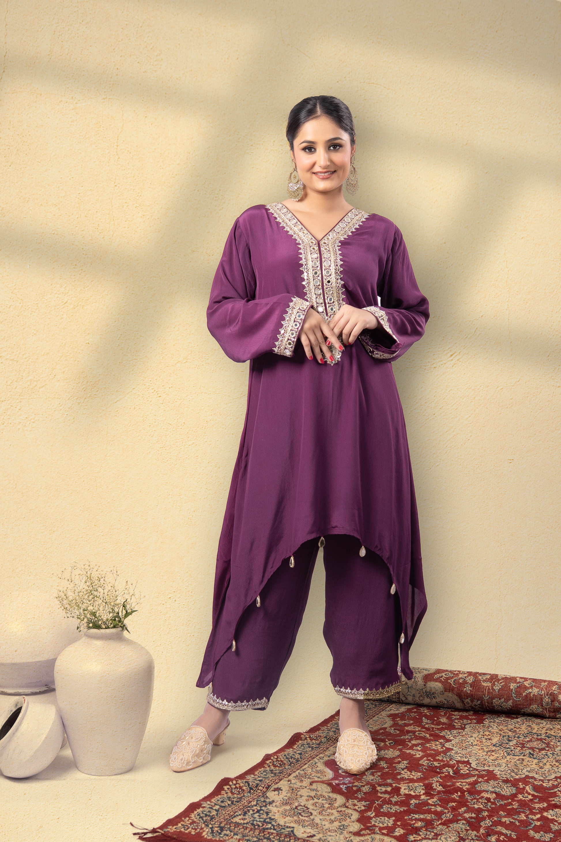 Majestique Plum Embroidered Kaftan Set