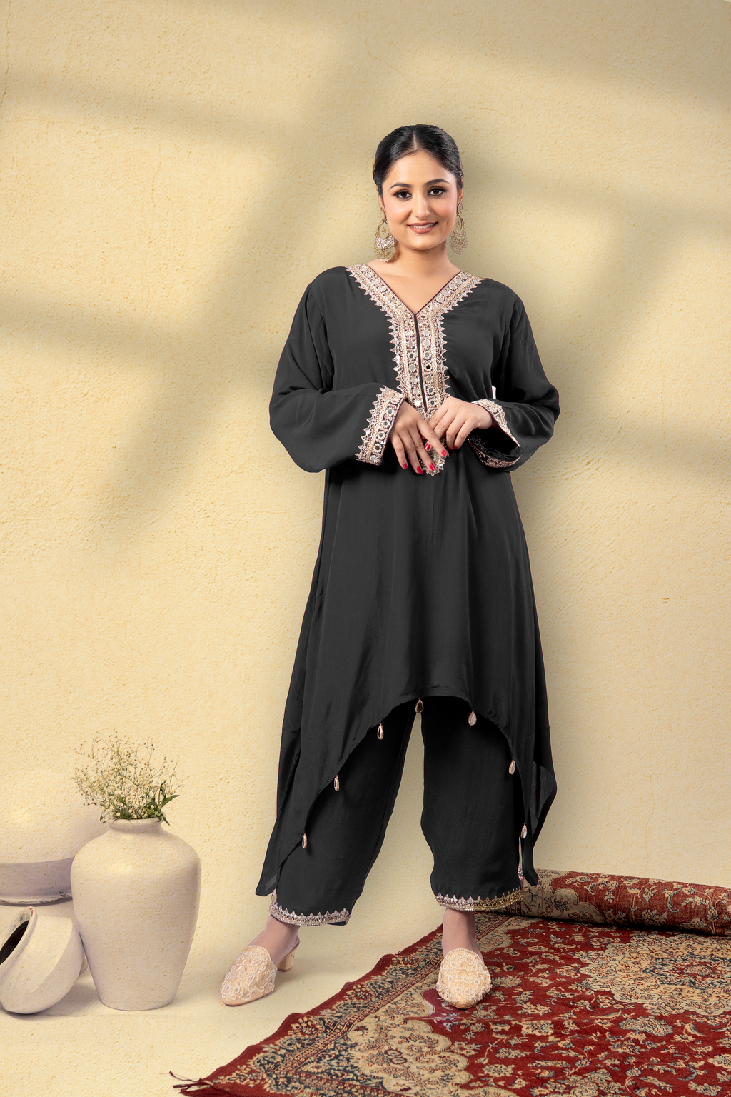Midnight Black Opulent Embroidered Kaftan Set