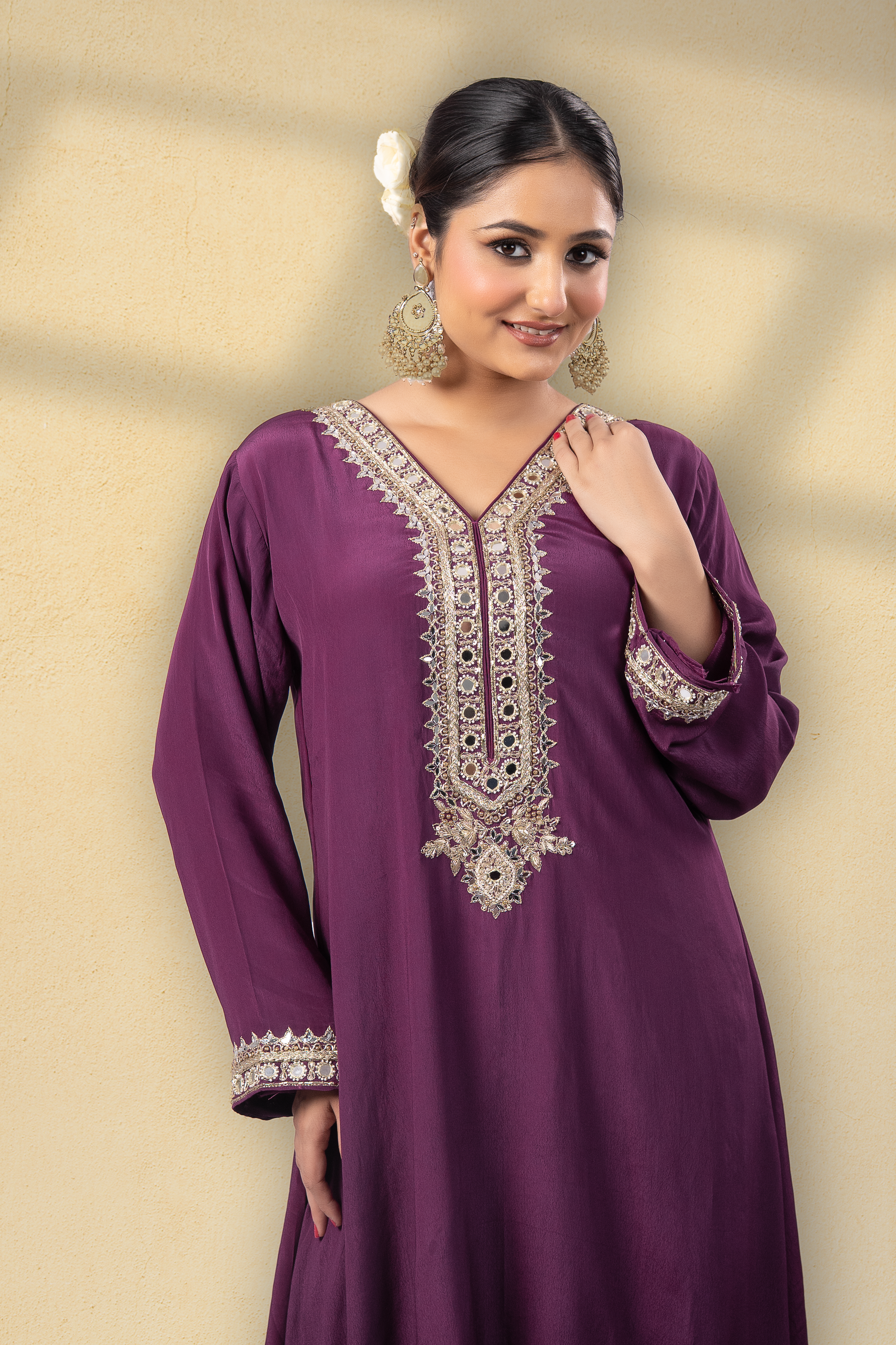 Majestique Plum Embroidered Kaftan Set