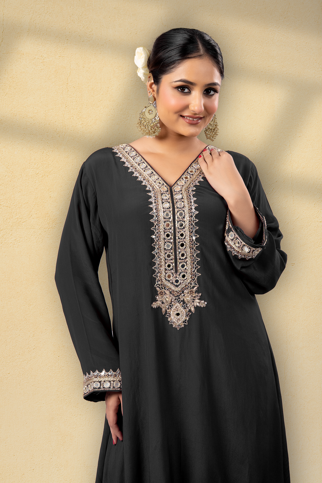 Midnight Black Opulent Embroidered Kaftan Set