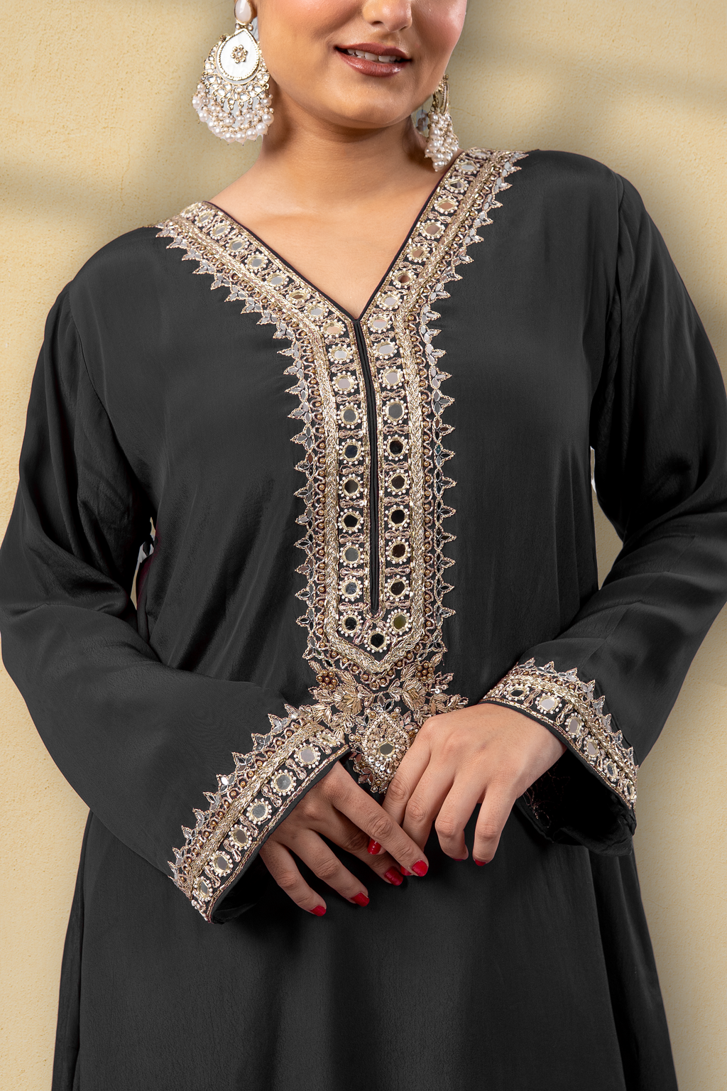 Midnight Black Opulent Embroidered Kaftan Set