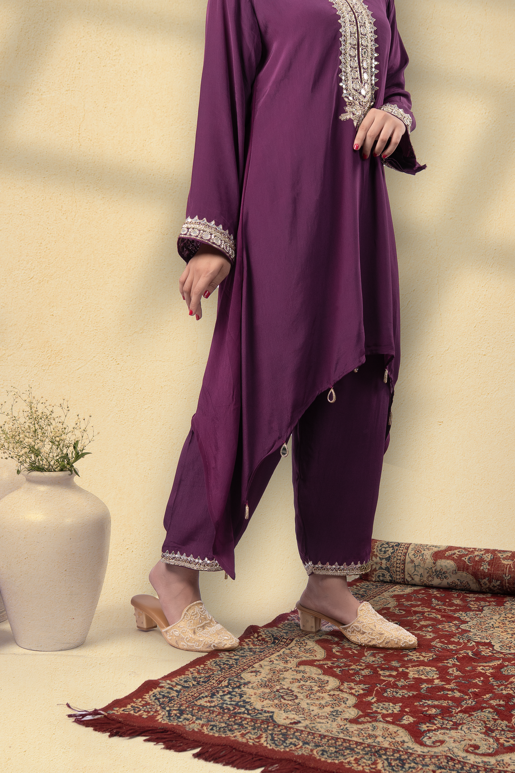 Majestique Plum Embroidered Kaftan Set