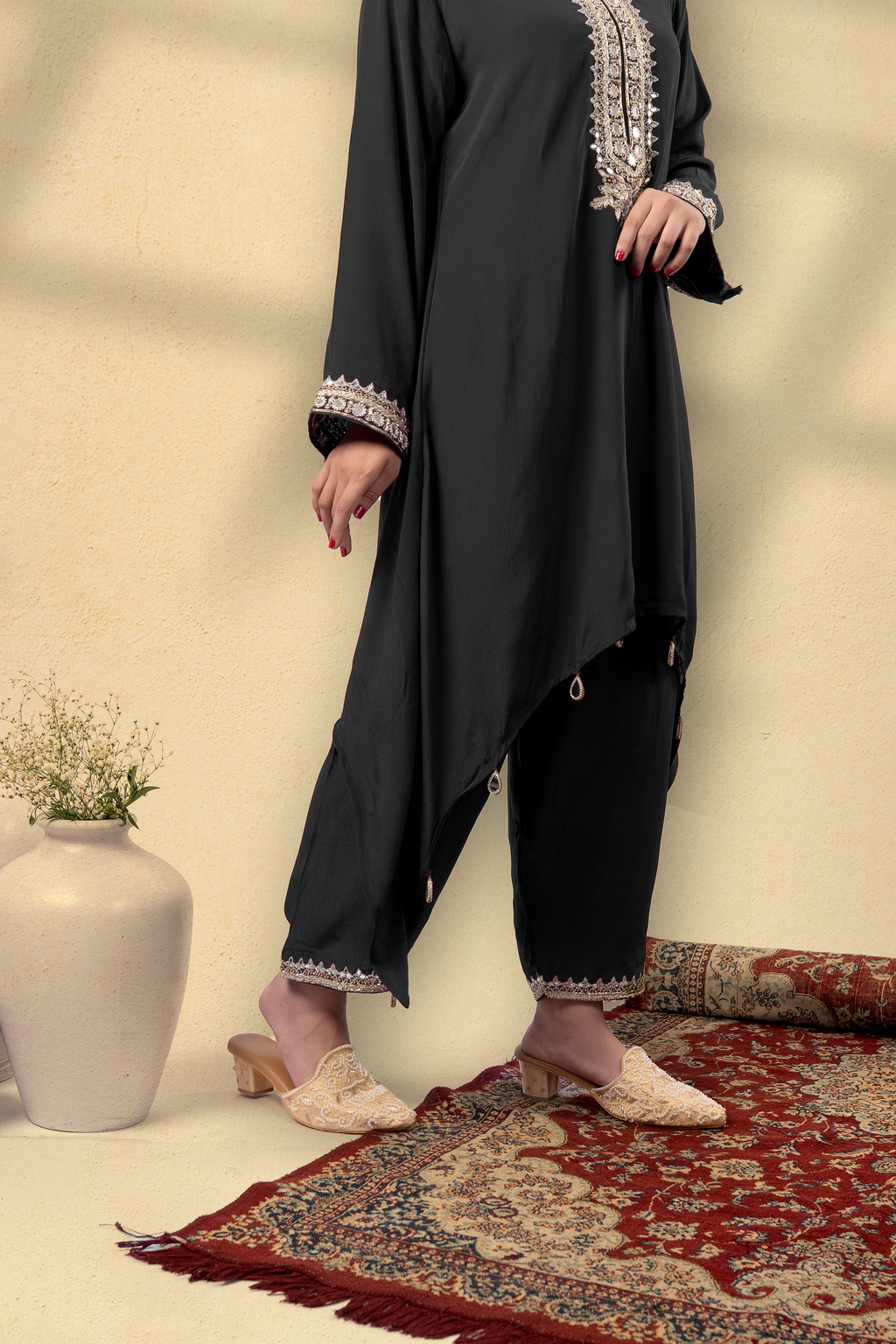 Midnight Black Opulent Embroidered Kaftan Set