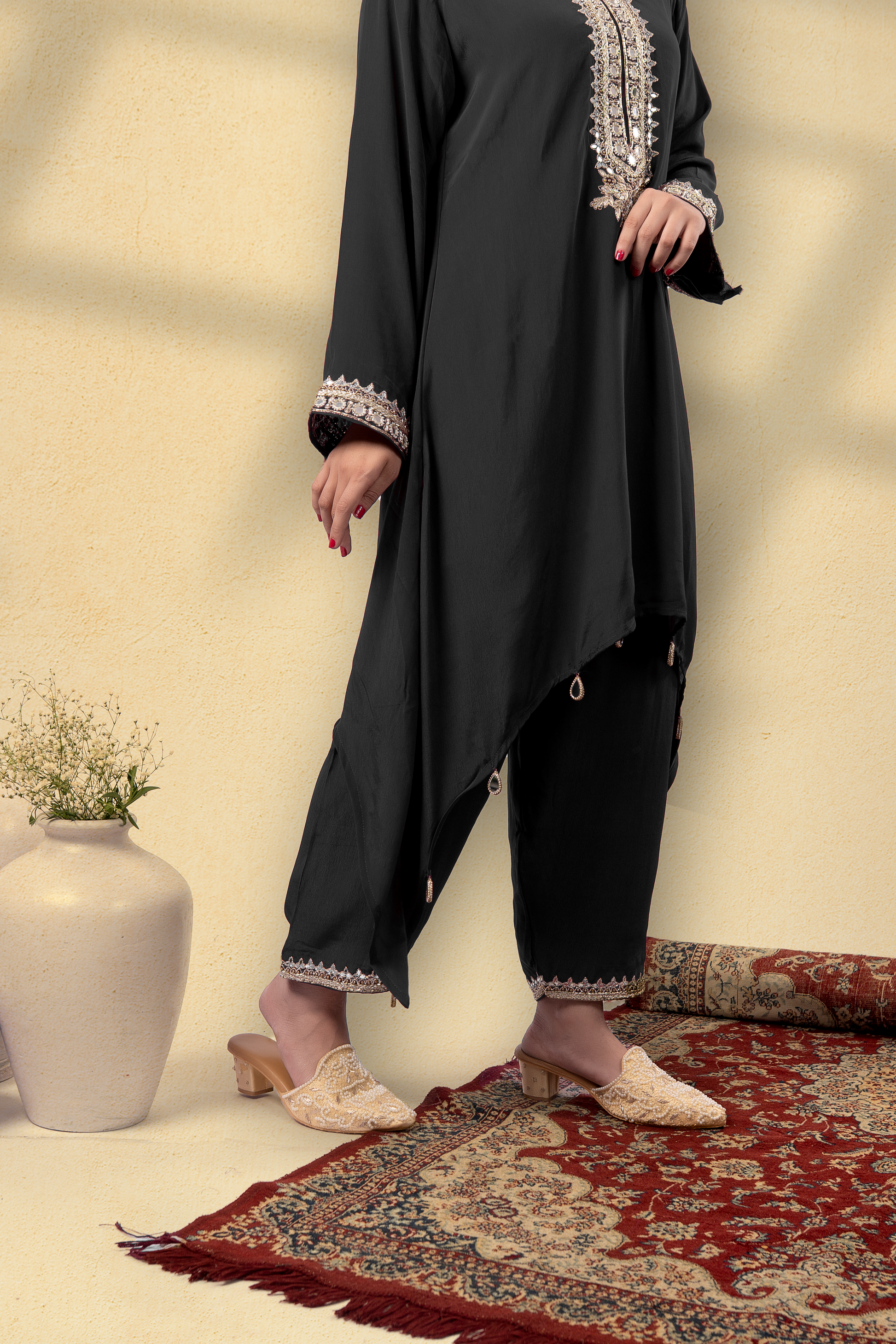 Midnight Black Opulent Embroidered Kaftan Set