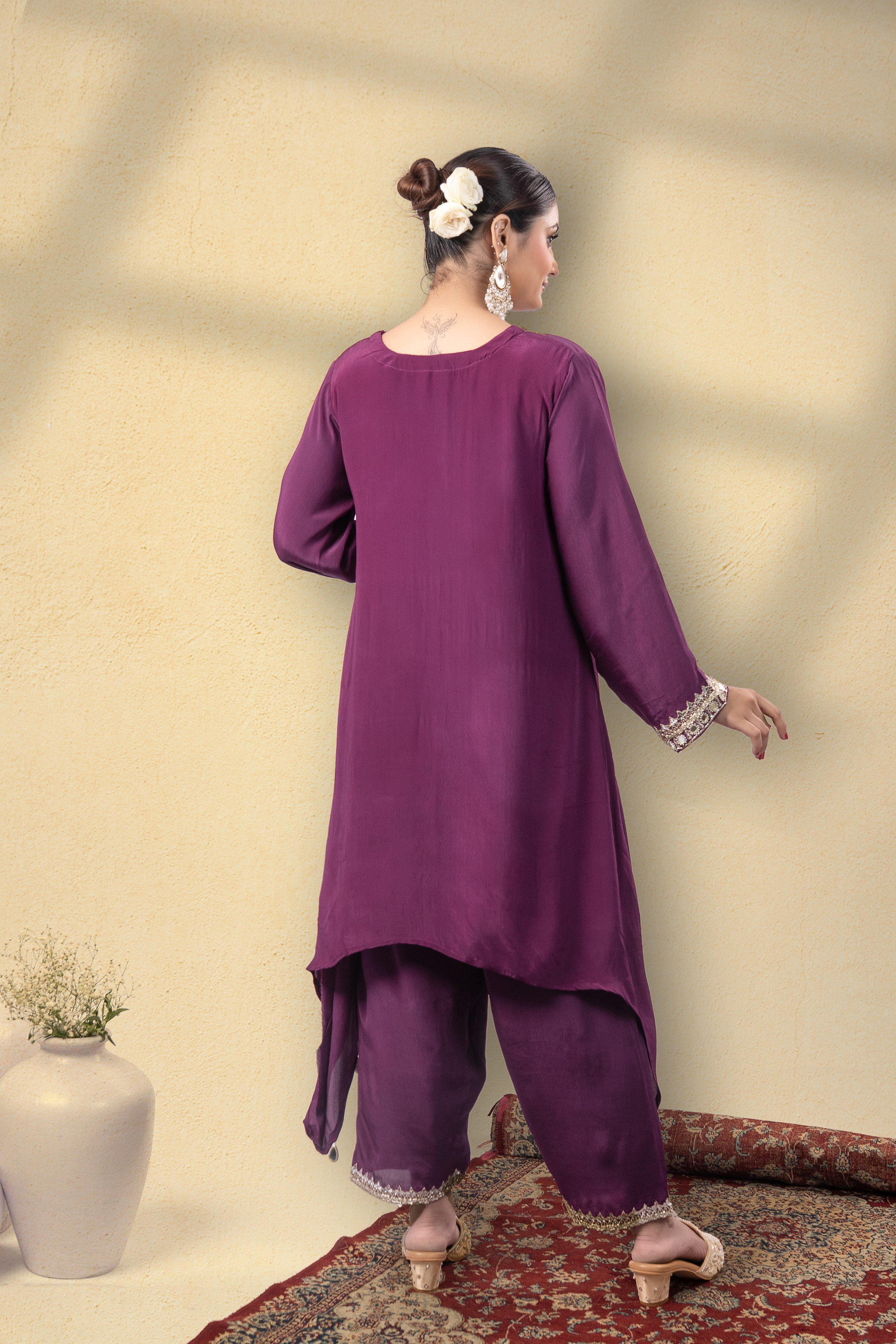 Majestique Plum Embroidered Kaftan Set