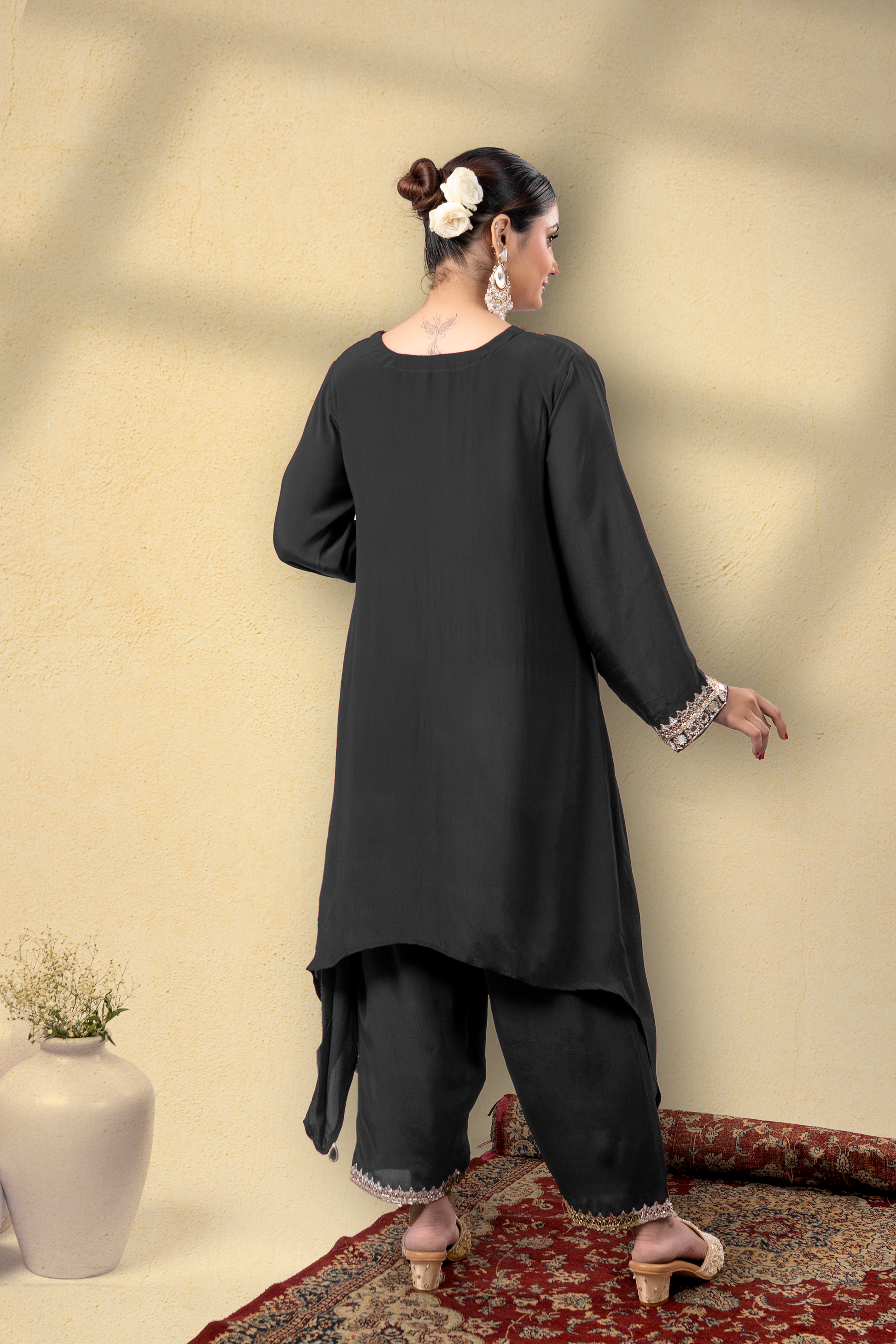 Midnight Black Opulent Embroidered Kaftan Set