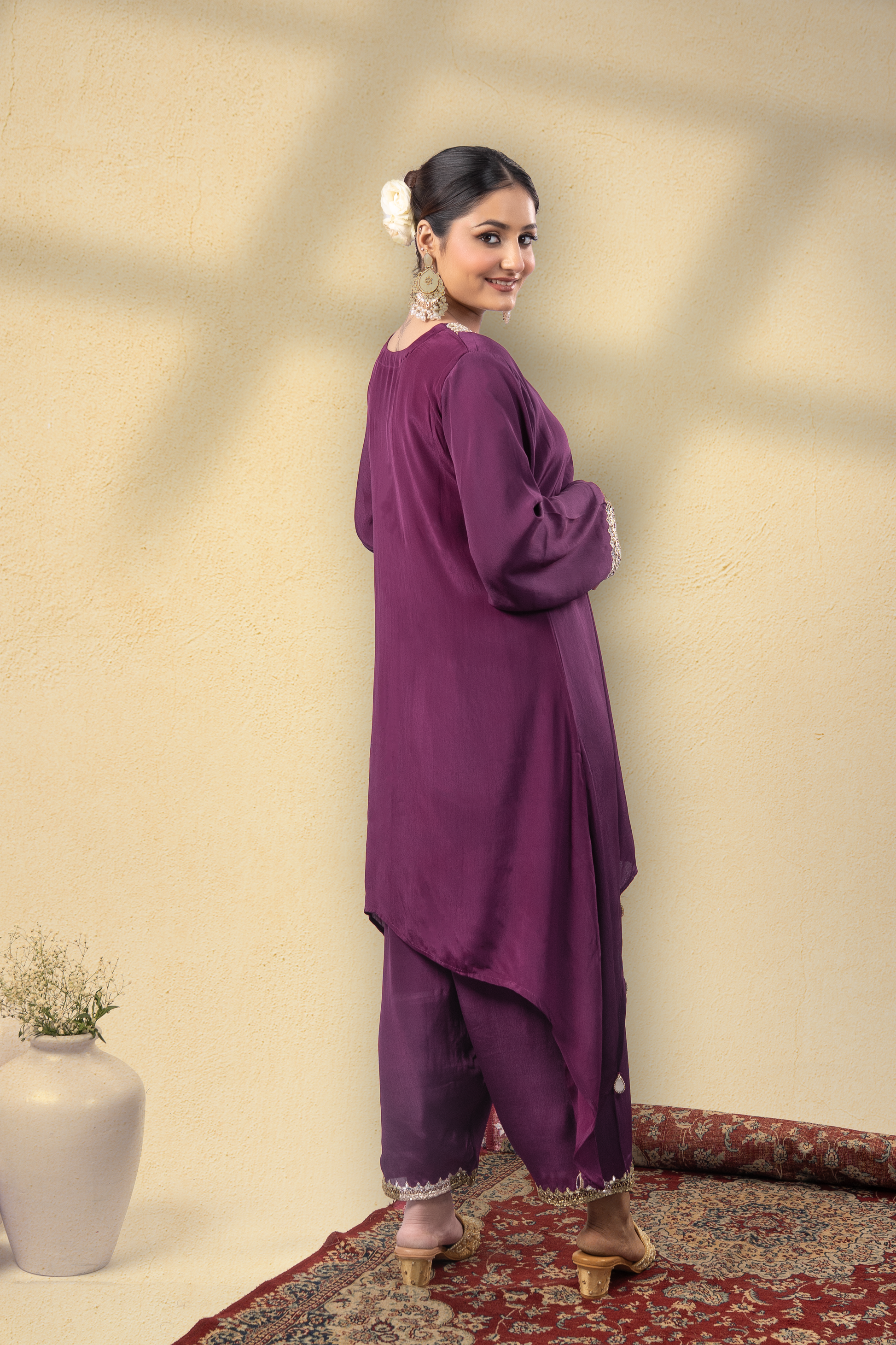 Majestique Plum Embroidered Kaftan Set
