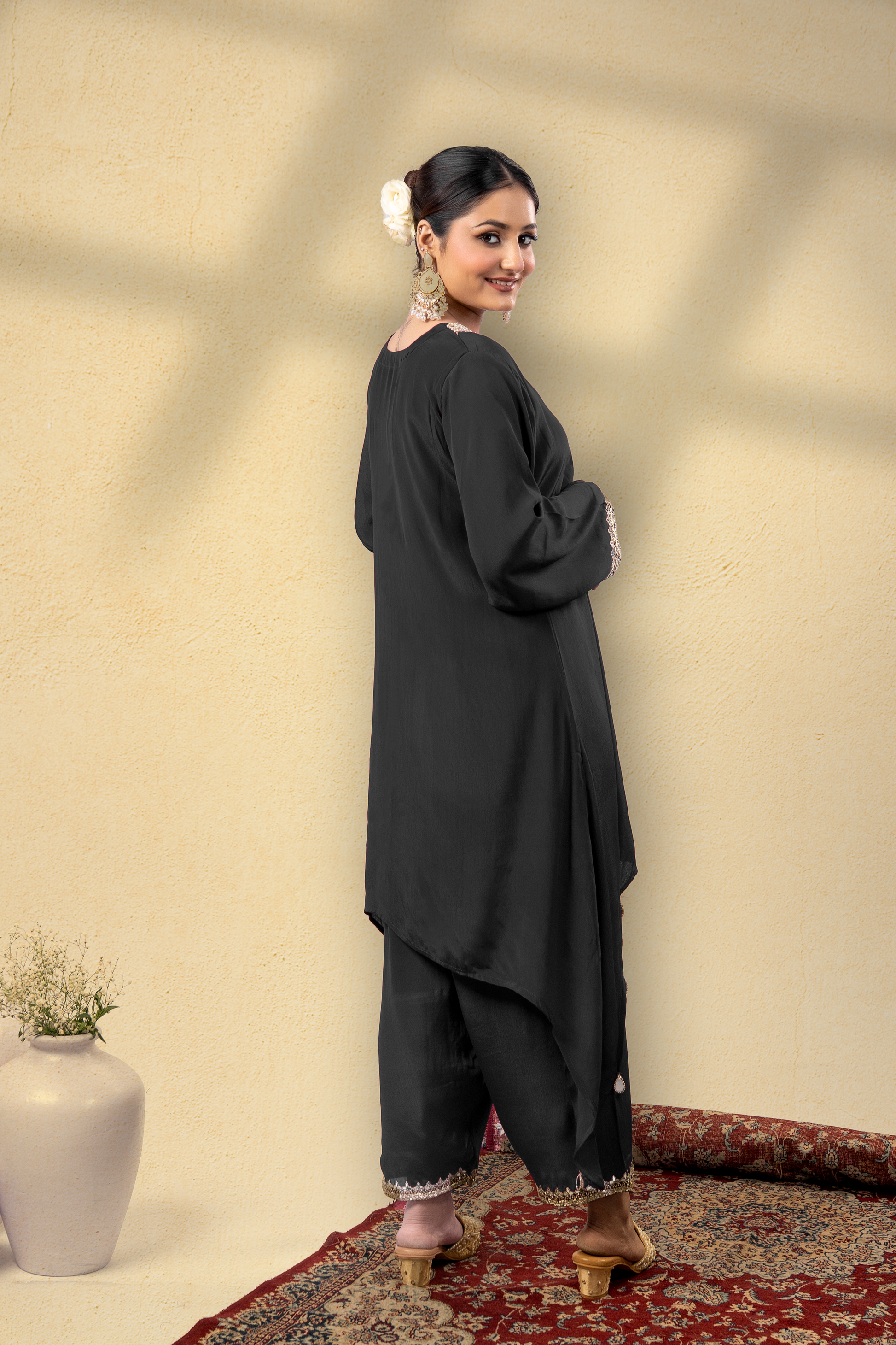 Midnight Black Opulent Embroidered Kaftan Set