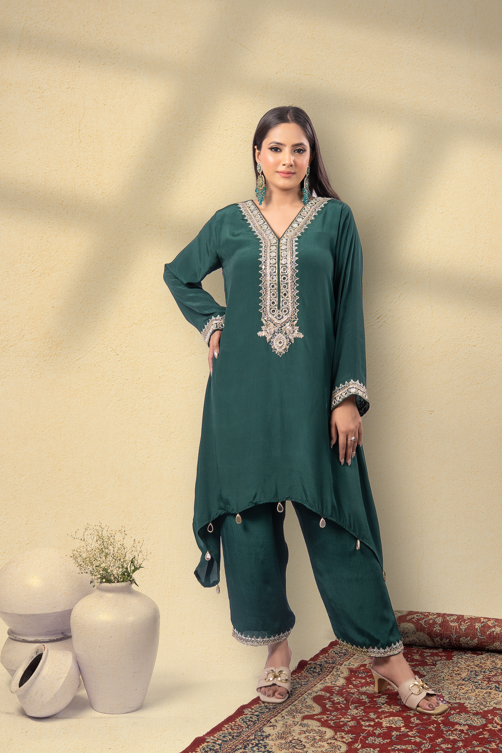 Imperial Green Embroidered Kaftan Set