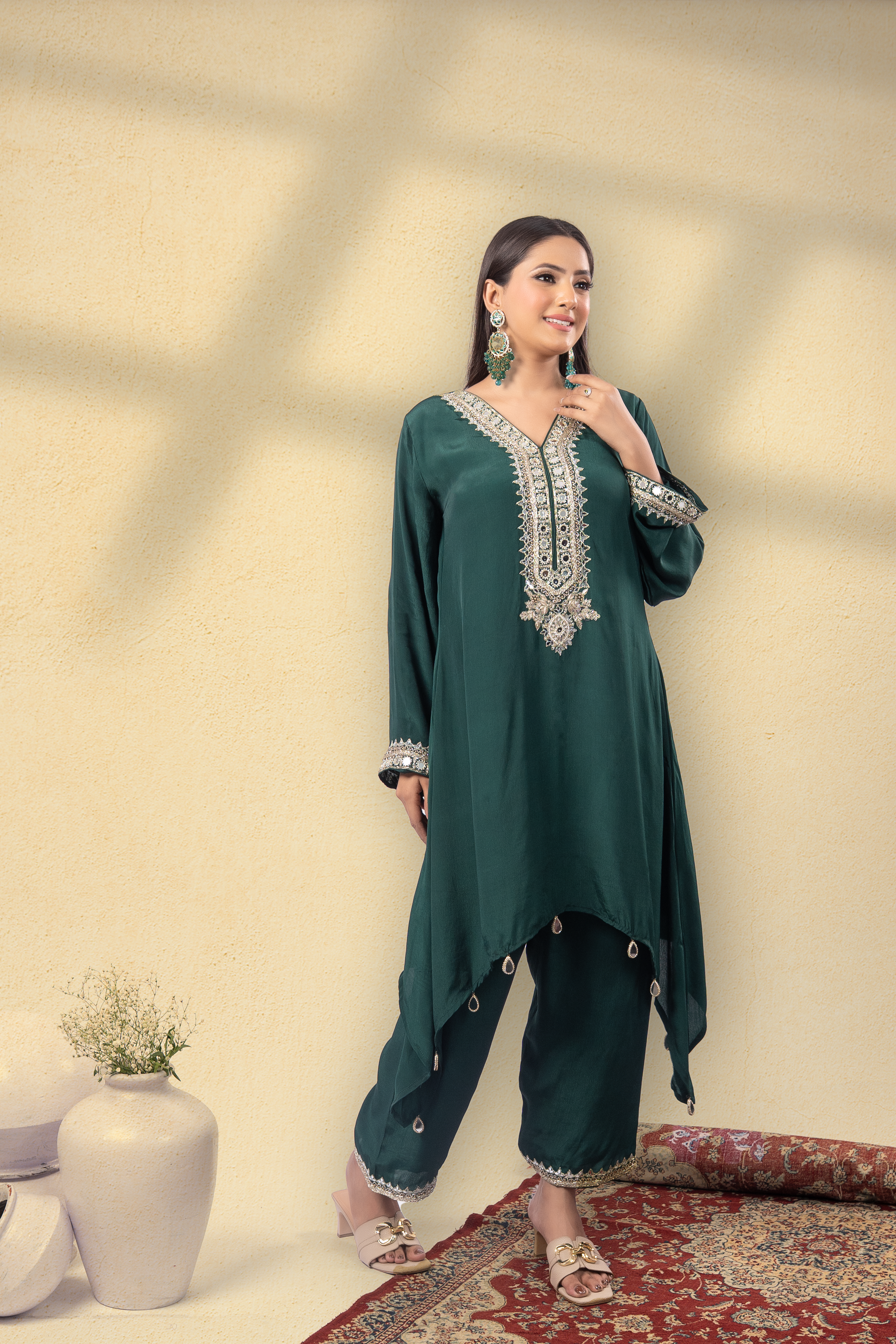 Imperial Green Embroidered Kaftan Set