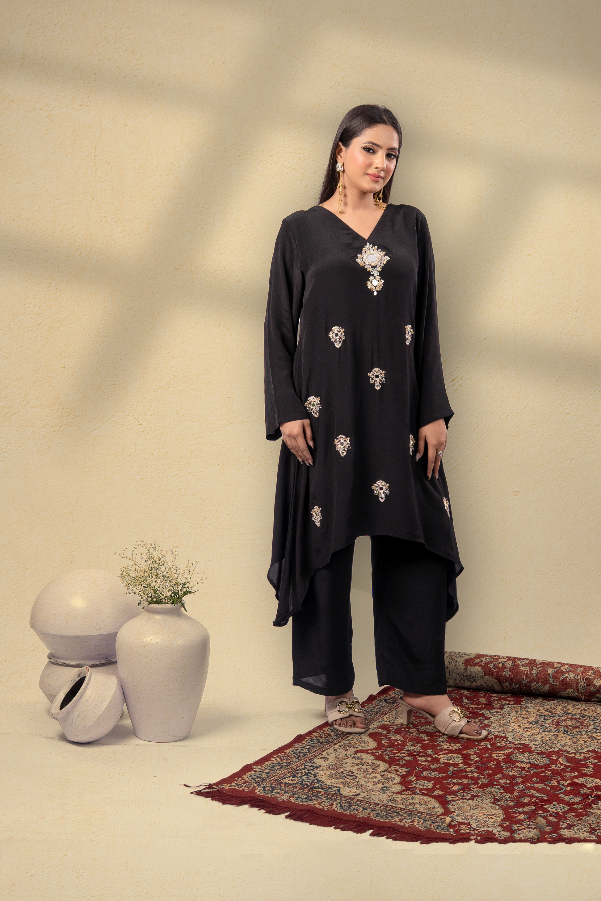 Majesty Midnight Black Embroidered Kaftan Set